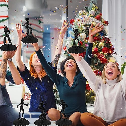 Miniatura 7 de 6 piezas de decoraciones de fiesta de discoteca de los años 70, centro de mesa y adornos de panal en purpurina negra para música discoteca temática