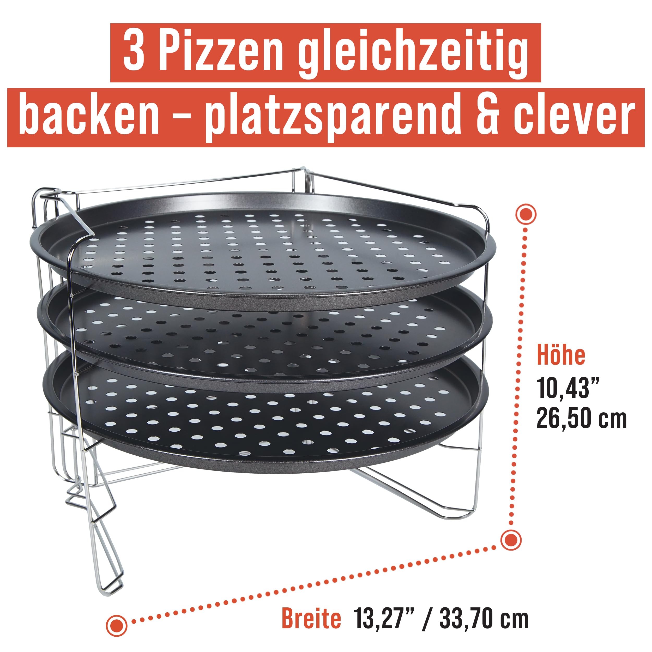 Chef Pomodoro Pizzablech rund 33cm, Pizzaständer für Backofen – klappbares Pizzagestell, 3x gelochte Pizzapfanne, Pizza Stahl, stabiles Pizza Backset für Ofen