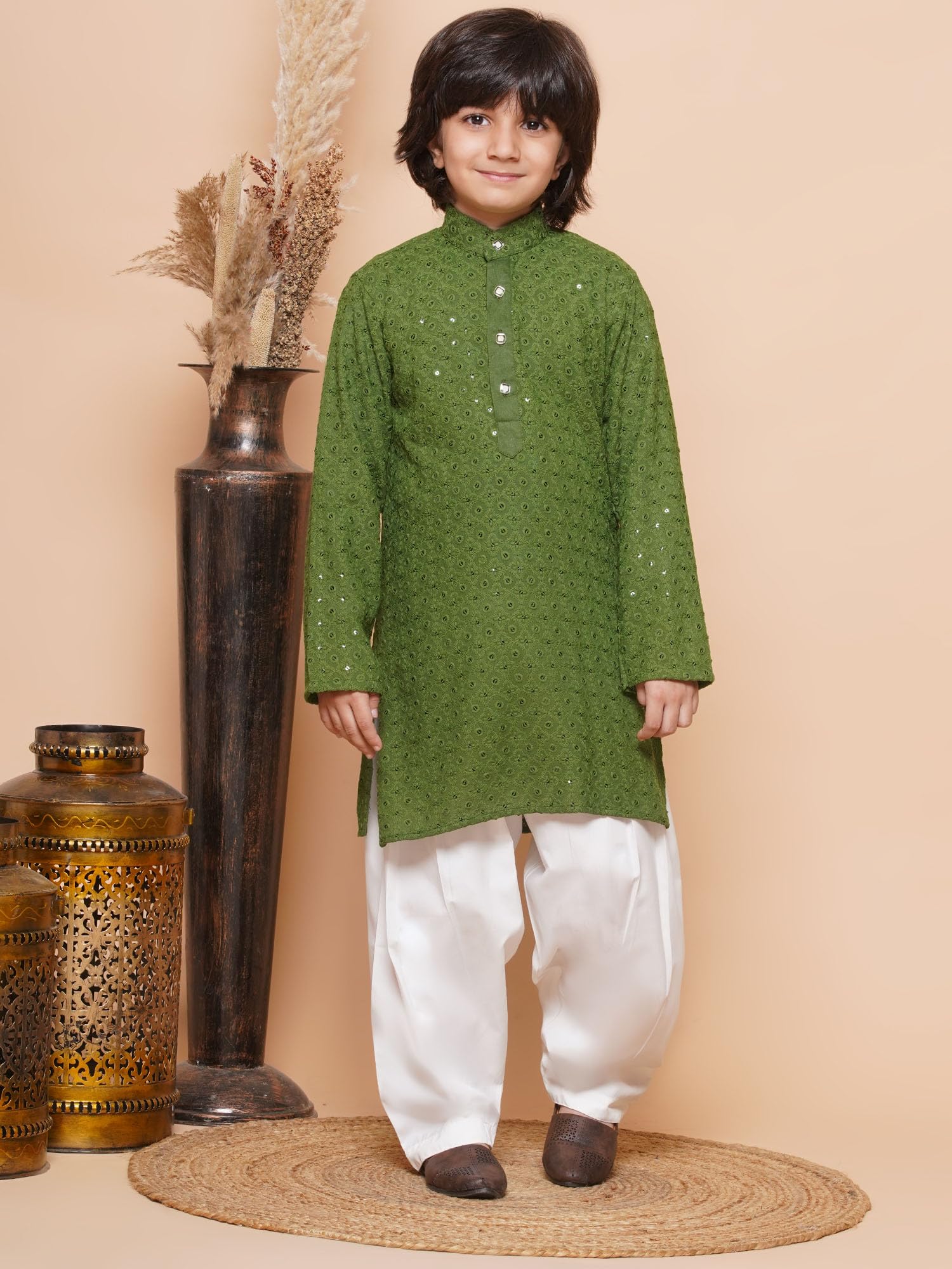 AJ DEZINES Boys Ethnic Kurta Pajama Set | Cotton Full Sleeve Chikankari Kurta with Sequins | Traditional & Festive Outfit | Mandarin Collar, Regular Fit | Special Occasion Outfit for Kids | GREEN-10 - Image 2 thumbnail