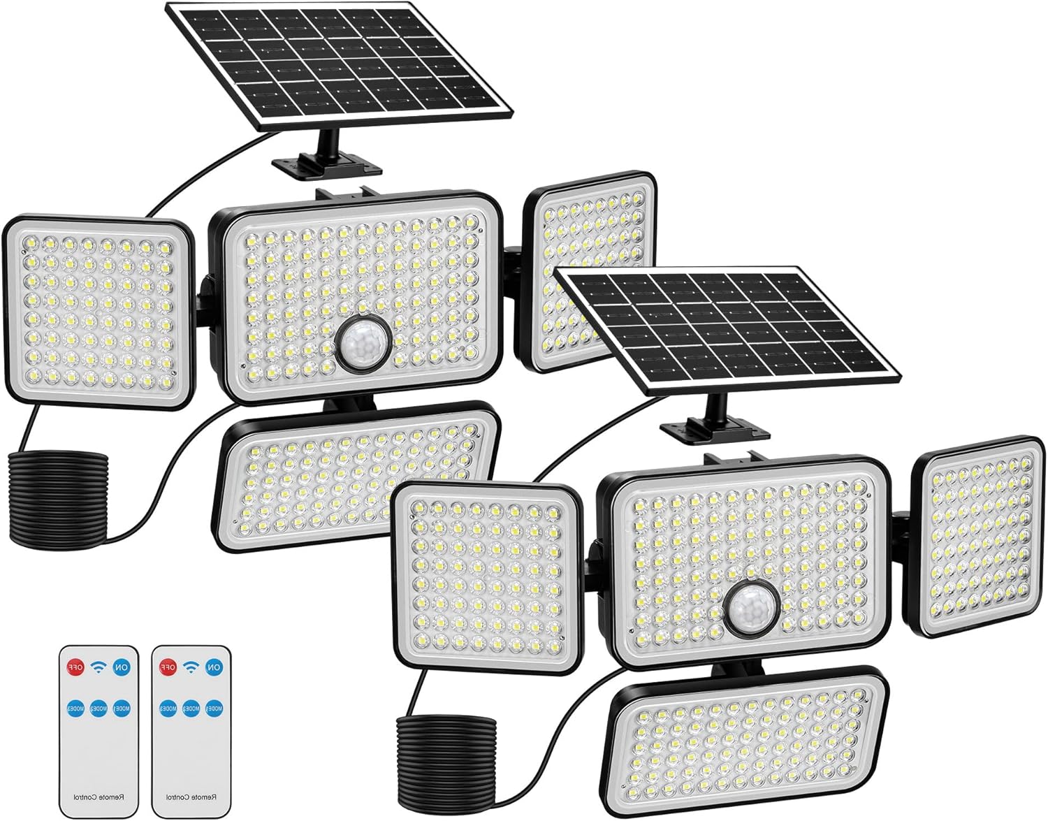 2PCS Solar Flood Lights Outdoor, 4 Head Motion Sensor Lights Flood Light with Extension Cord 2 With 15FT Cord