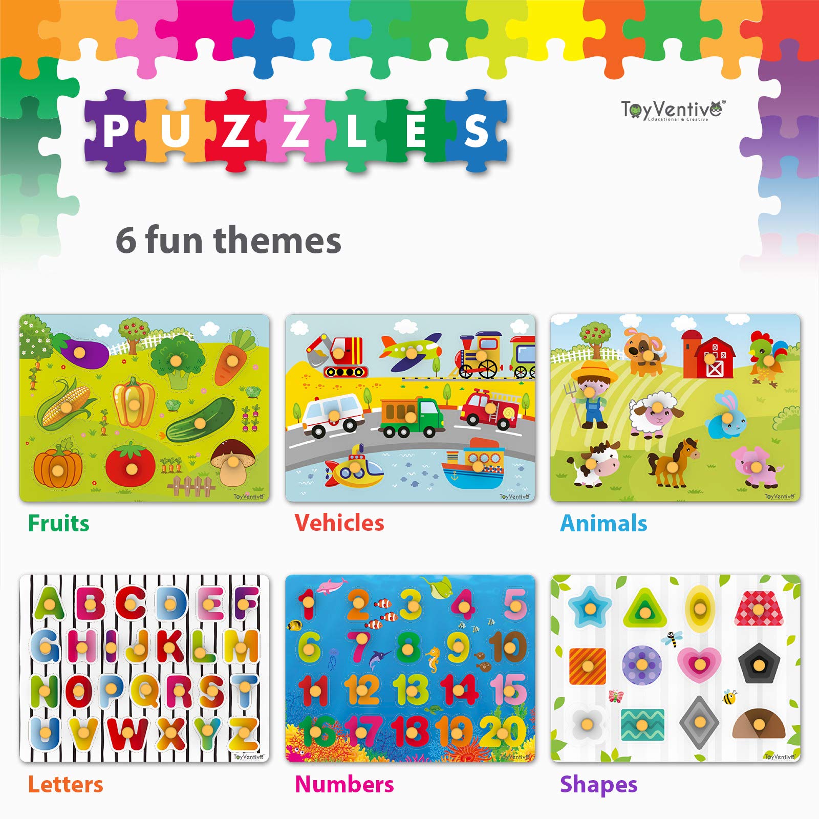 TOYVENTIVE Wooden Peg Puzzles for Toddlers 6 Pack with Wire Puzzle