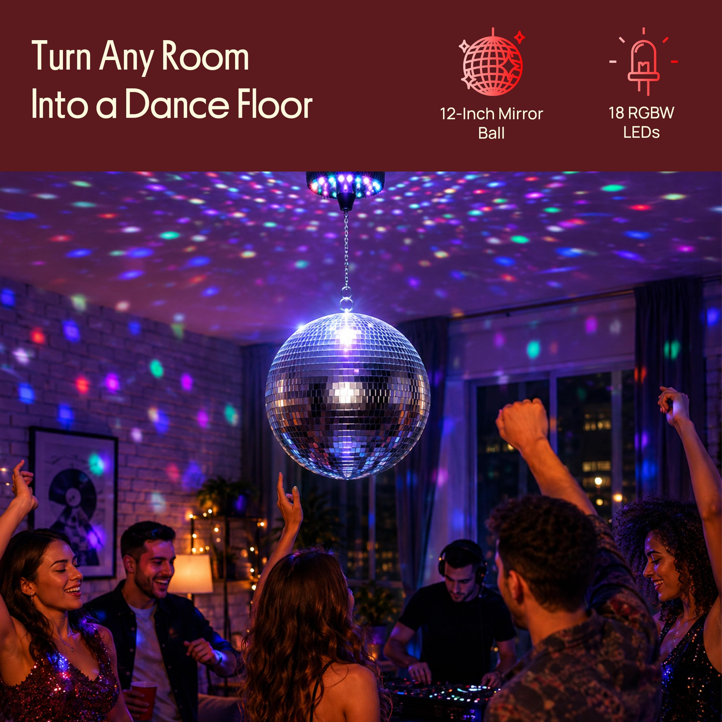 Bola de discoteca motorizada de 12 pulgadas con control remoto y luces RGBW