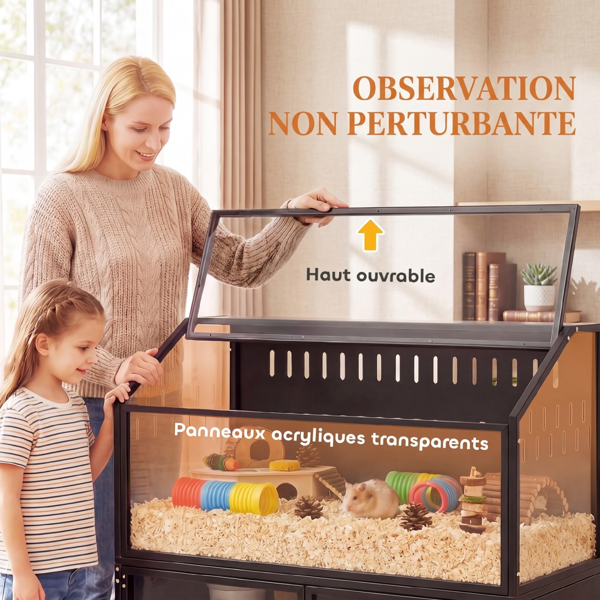 PawHut Cage Hamster 2-en-1 avec Armoire de Rangement Habitat 104cm Noir | pour Rongeur, Acier Résistant aux Morsures, Acrylique Transparent, Grande Cage Design, pour Hamster Syrien et Souris