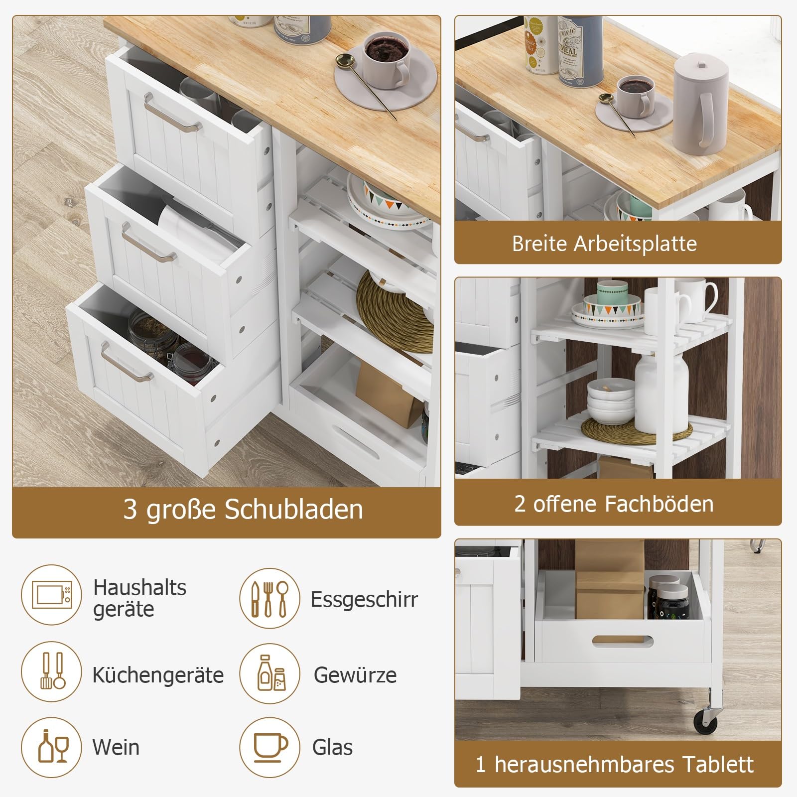 GIANTEX Küchenwagen auf Rollen, Küchenschrank mit Arbeitsplatte, bewegliche Kücheninsel Holz, Servierwagen Rollwagen Holz, Küchenrollwagen mit Schublade, Küchentrolley 67x37x83,5 cm (Weiß)