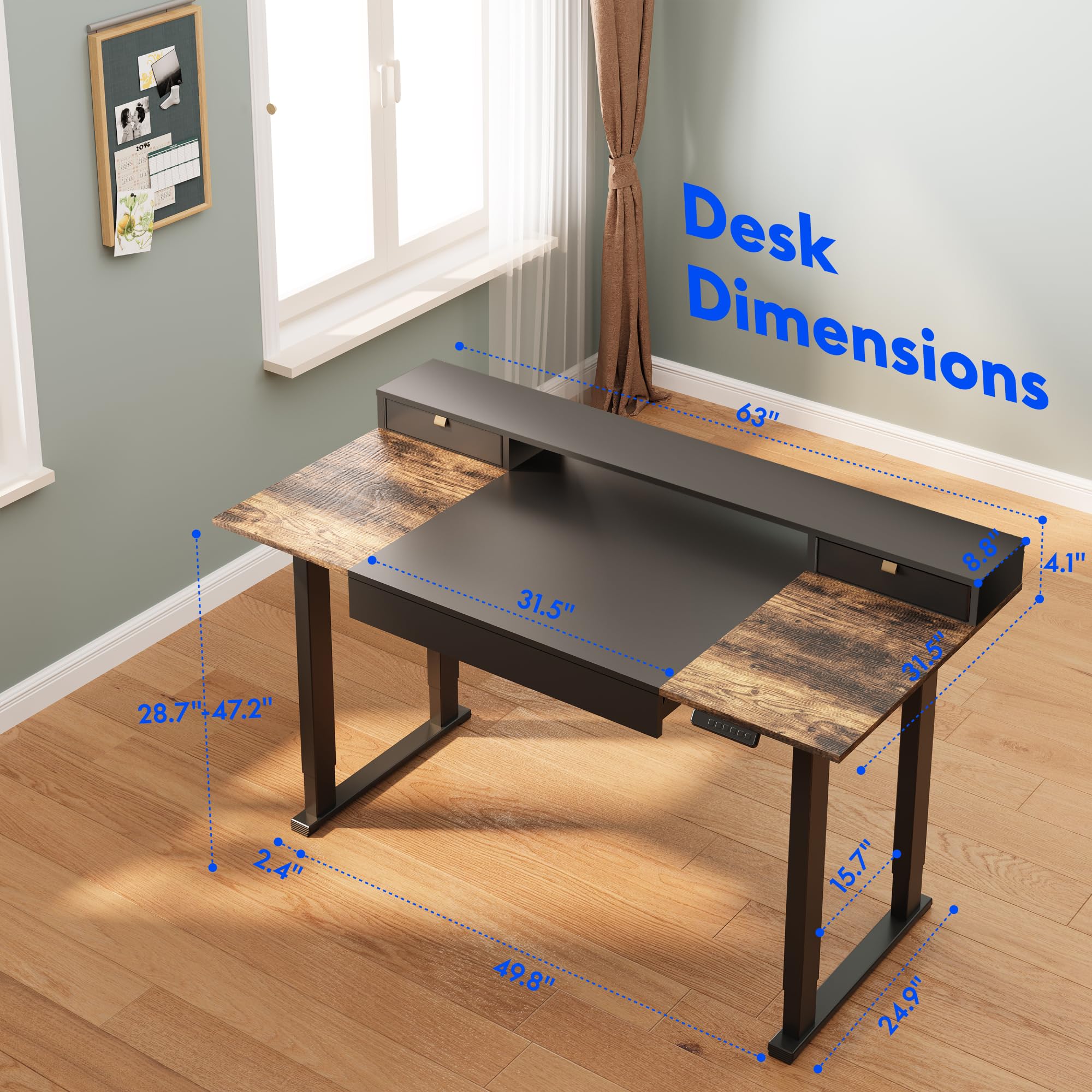 FLEXISPOT 63x32 in 4-Leg Standing Desk with Storage Electric Adjustable Height with 3 Drawers Shelving Home Office Workstation — view 3