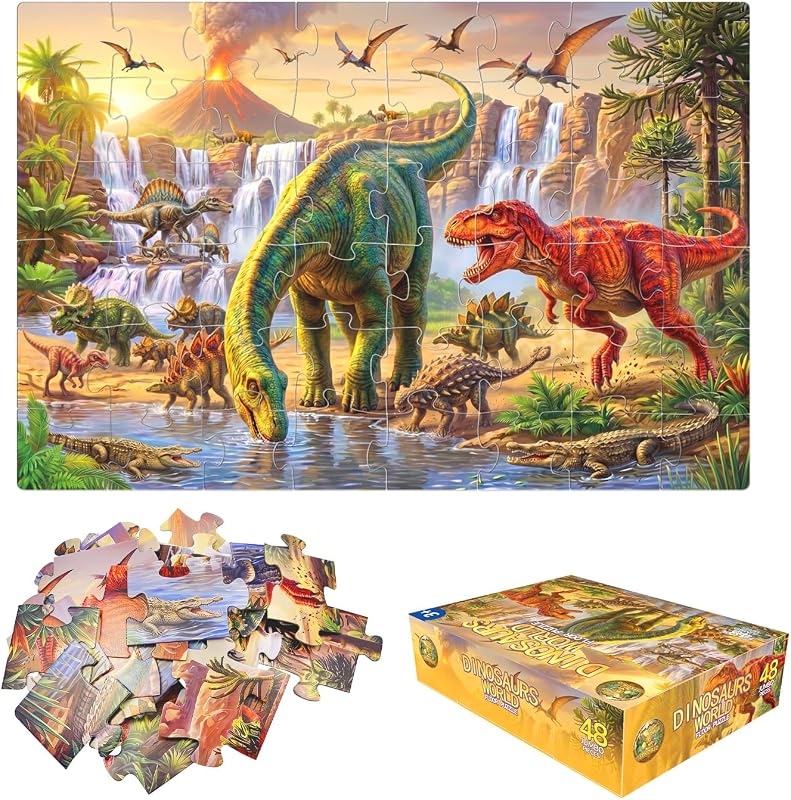 Jumbo Floor Puzzles for Kids Ages 3-5 48 Piece Dinosaur Educational Toy | A large dinosaur animal puzzle featuring Triceratops and T-Rex for interactive preschool learning and indoor family play time