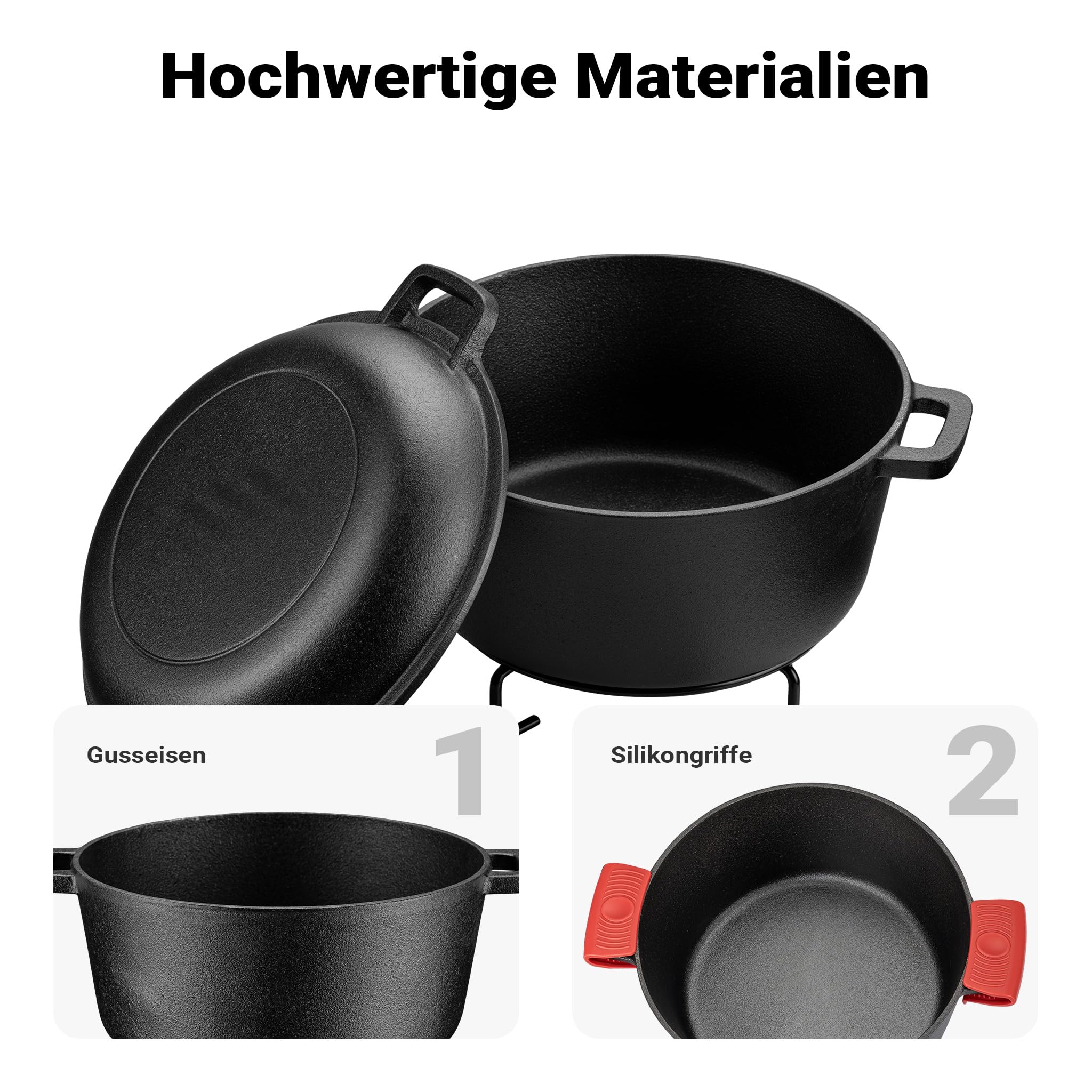 Wiltec 2in1 Dutch Oven 32 x 26 x 16 cm Grilltopf aus Gusseisen, Schmortopf plus Deckel, Feuertopf inkl. Topfgestell, Deckelhalter und Griffe