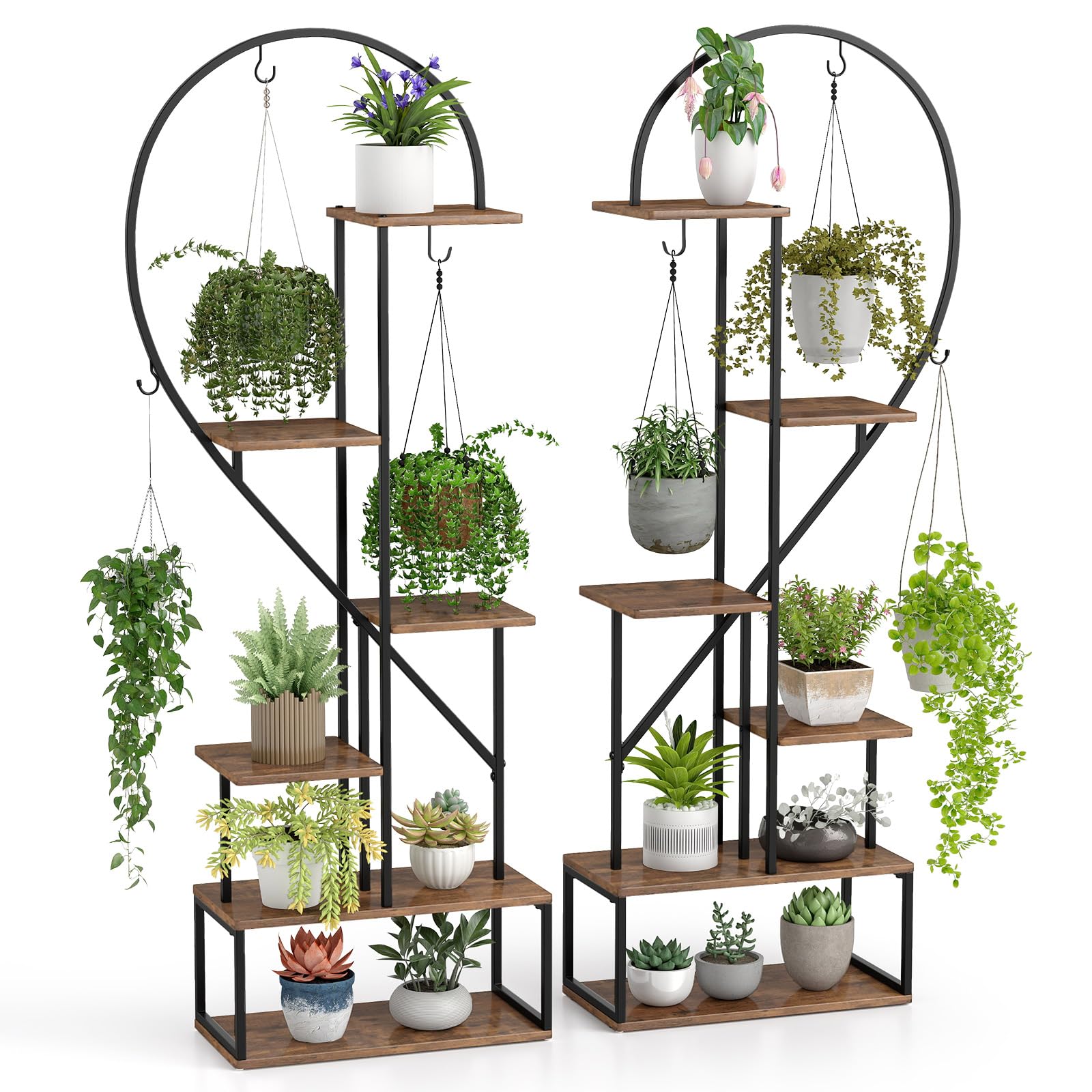 COSTWAY 5/6-Tier Tall Plant Stand, 2-Pack Ladder Plant Shelf with Hanging Hooks, Indoor Outdoor Metal Display Pot Holder for Balcony Garden Patio (Rustic Brown+Black, 56 x 28 x 168 cm, Heart-Shaped)