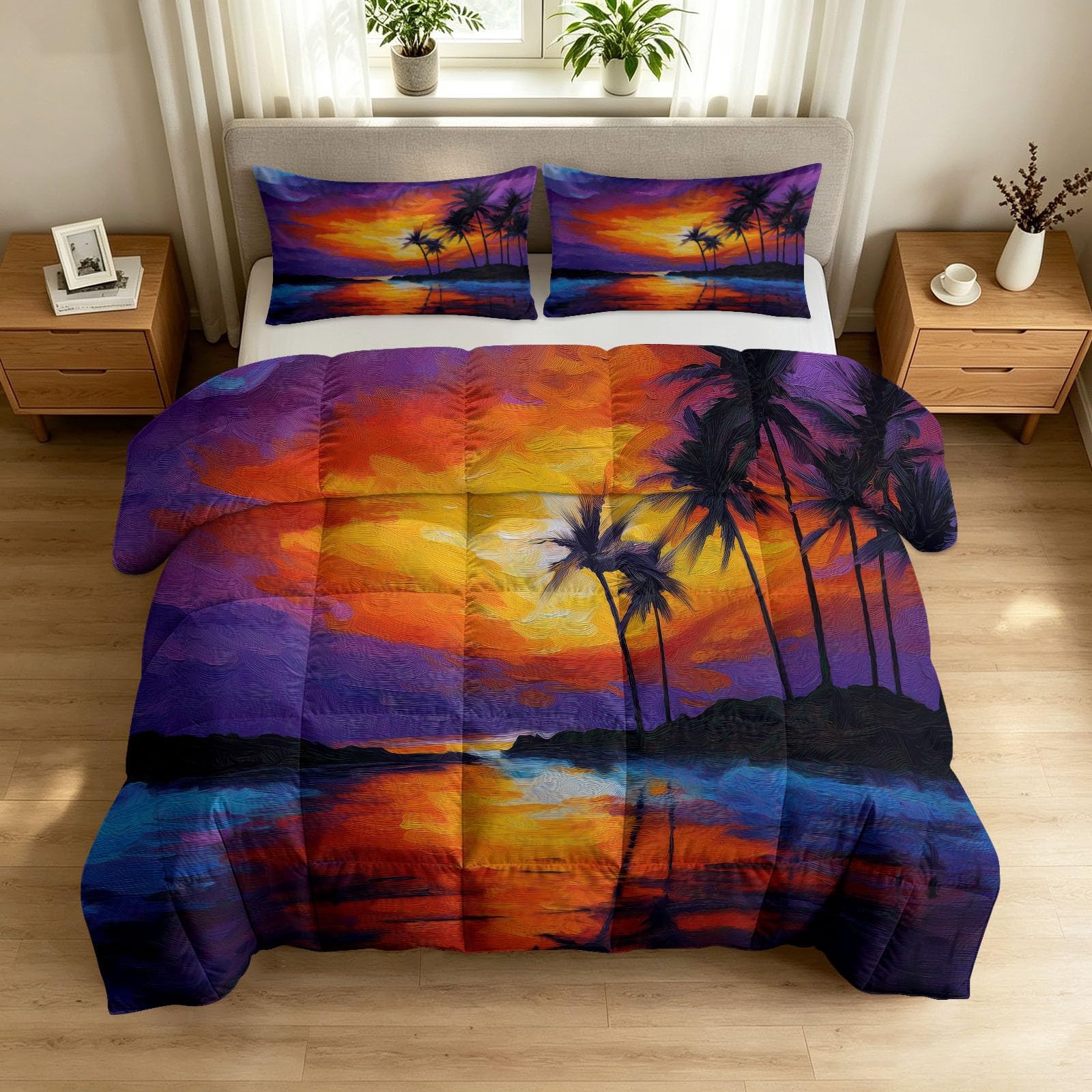 Edredón King multicolor con 2 fundas de almohada de paisaje natural atardecer