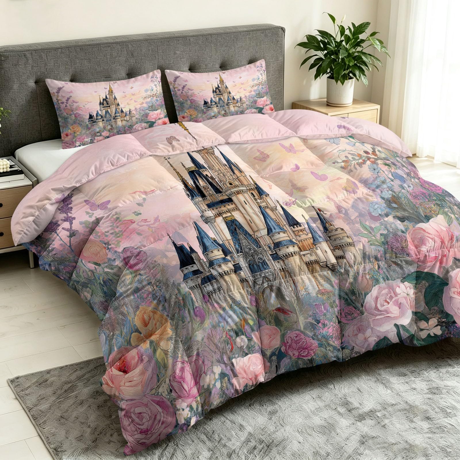 Genérico - Edredón de 4 temporadas, diseño de castillo con mariposas, diseño floral, 200 x 200 cm, color rosa