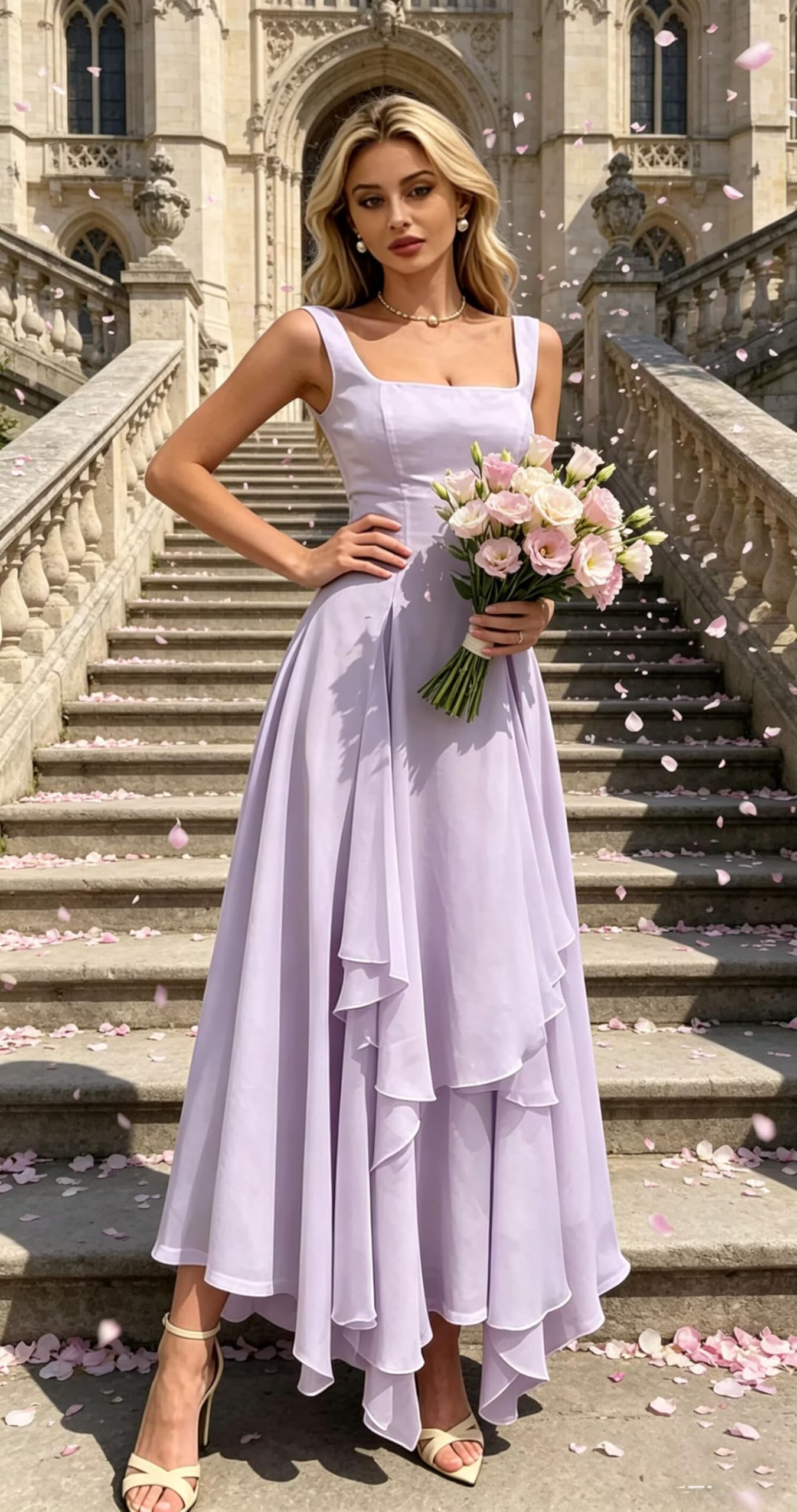 Damen Abendkleid Damen Lang Elegant Brautjungfernkleid A-Line Rüschensaum Festkleider Für Hochzeiten