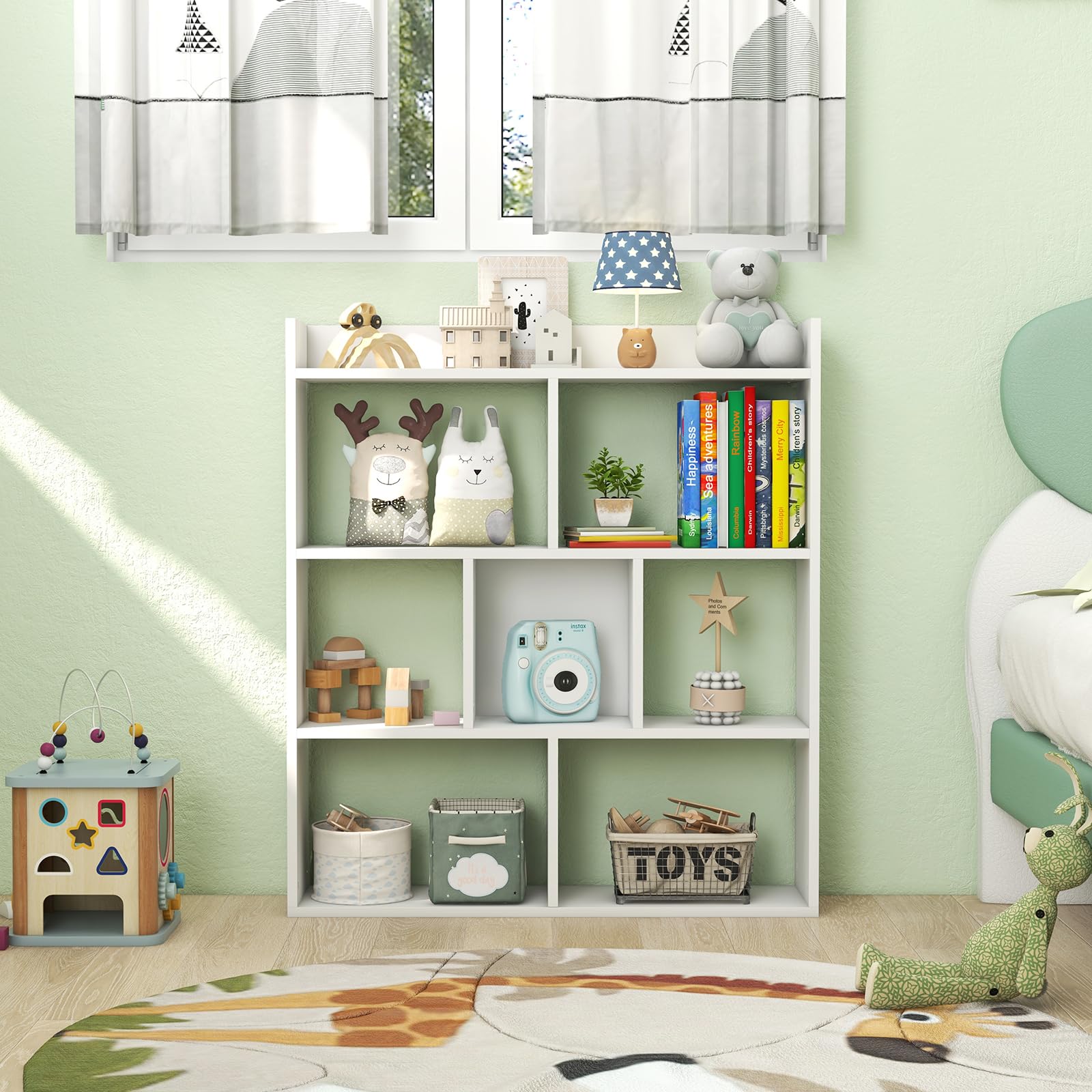GOPLUS Librería de 7 Cubos Abiertos, Estantería de Madera de 3 Niveles con Kits Antivuelco, Mueble de Almacenamiento para Salón, Habitación Infantil, Estudio, Oficina, 80 x 20 x 90 cm (Blanco)
