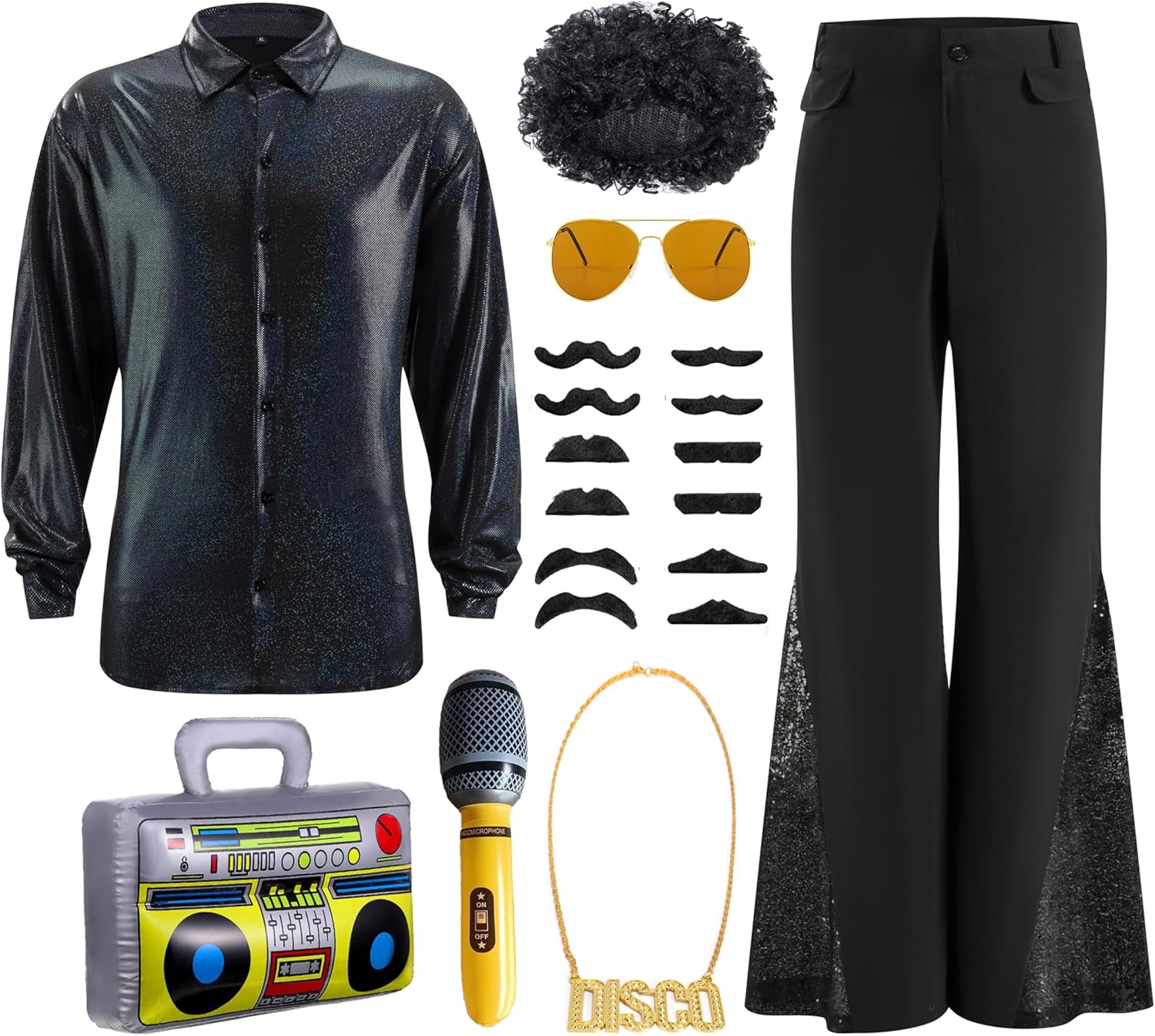 Mens 70s Disco Outfits Costume, 8 PCS 70's Disco Shirts Pants Wigs Accessories for Men Adult Halloween