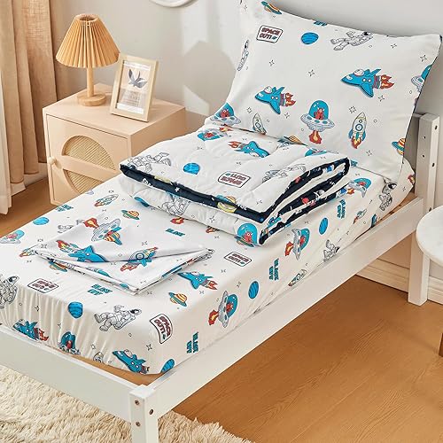 Vista 4 de beeweed Juego de edredón con diseño de cohete de 2 lados, juego de ropa de cama de 4 piezas para niños y niñas, incluye edredón, sábana bajera