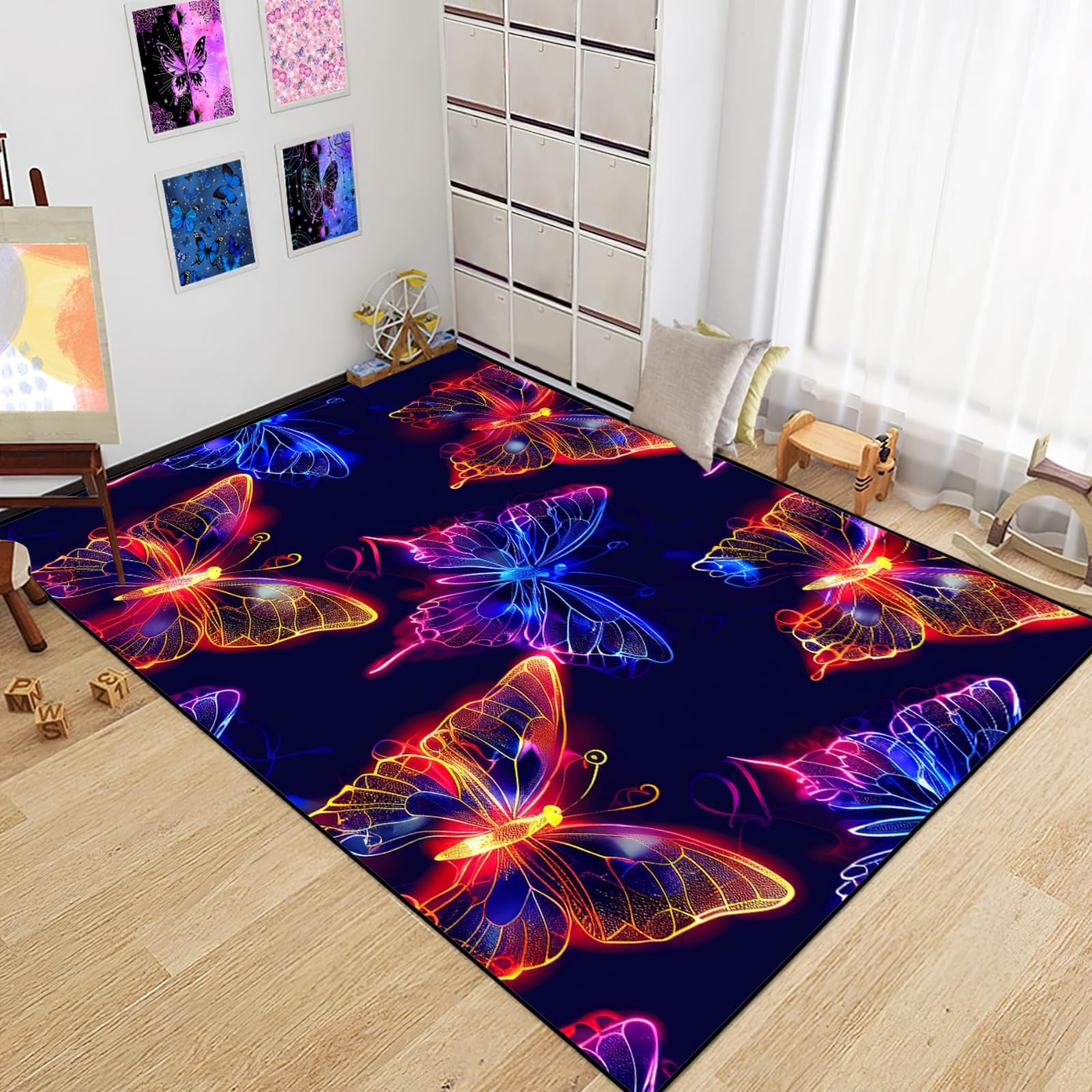 Butterfly Rugs for Girls Bedroom Living Room Home Decor Black Modern Butterfly Theme Carpets Soft Floor Polyester Yoga Mat, 3'×4'