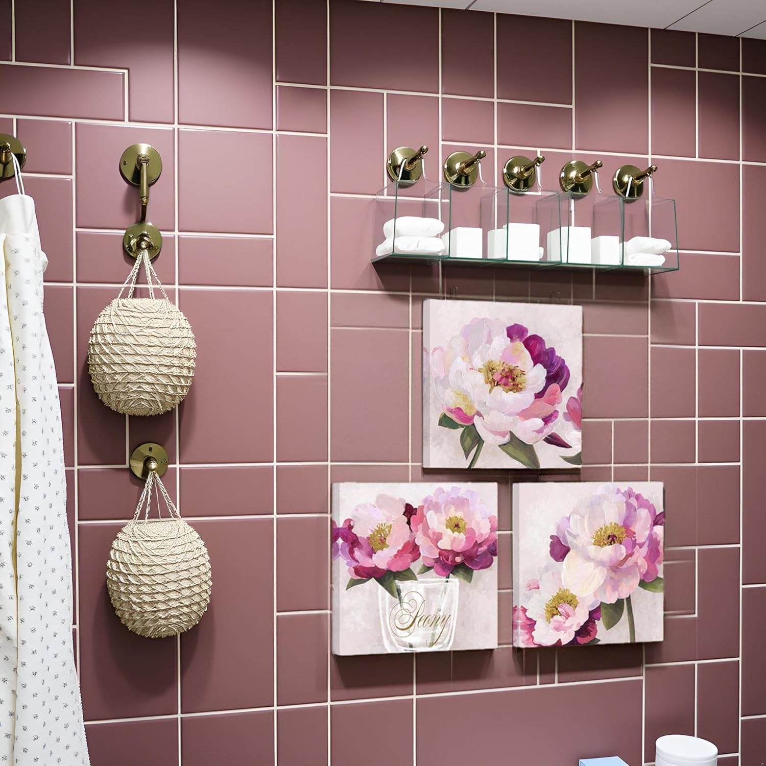 LevvArts Pink Peony Floral Canvas Wall Art Modern Flower Paintings Pink Bathroom Bedroom Decor, 3 Piece Set
