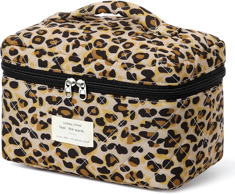 Necessaire de maquiagem TESAFNG em algodão matelassado, estampa Leopardo Preto, com zíper