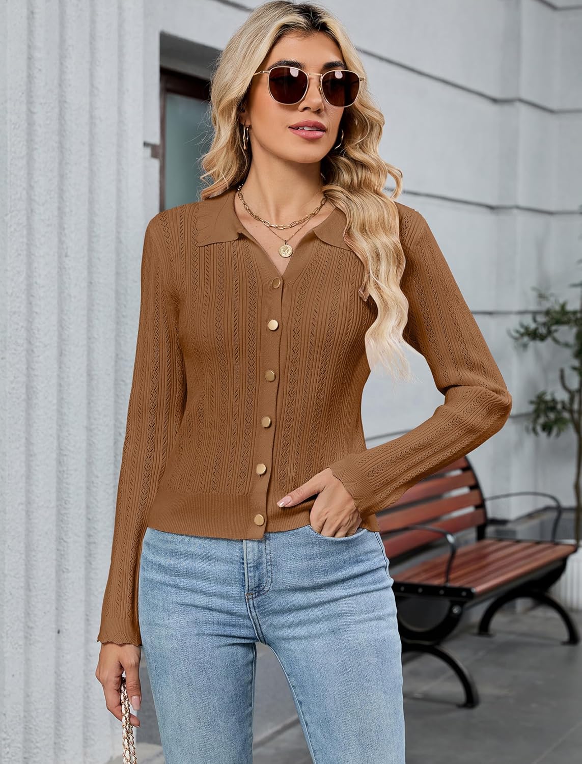 ZAFUL Cropped Cardigan Sweaters for Women 2025 Collared Button Down Long Sleeve Crochet Knit Shrugs Fall Outfits Clothes - Image 3