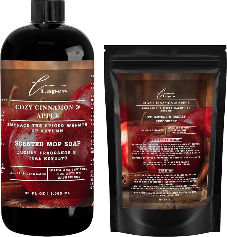 Lapew Cozy Cinnamon Apple Bundle – Carpet Deodorizer Powder & Scented Mop Soap Set – Odor Eliminator for Pet-Friendly Homes
