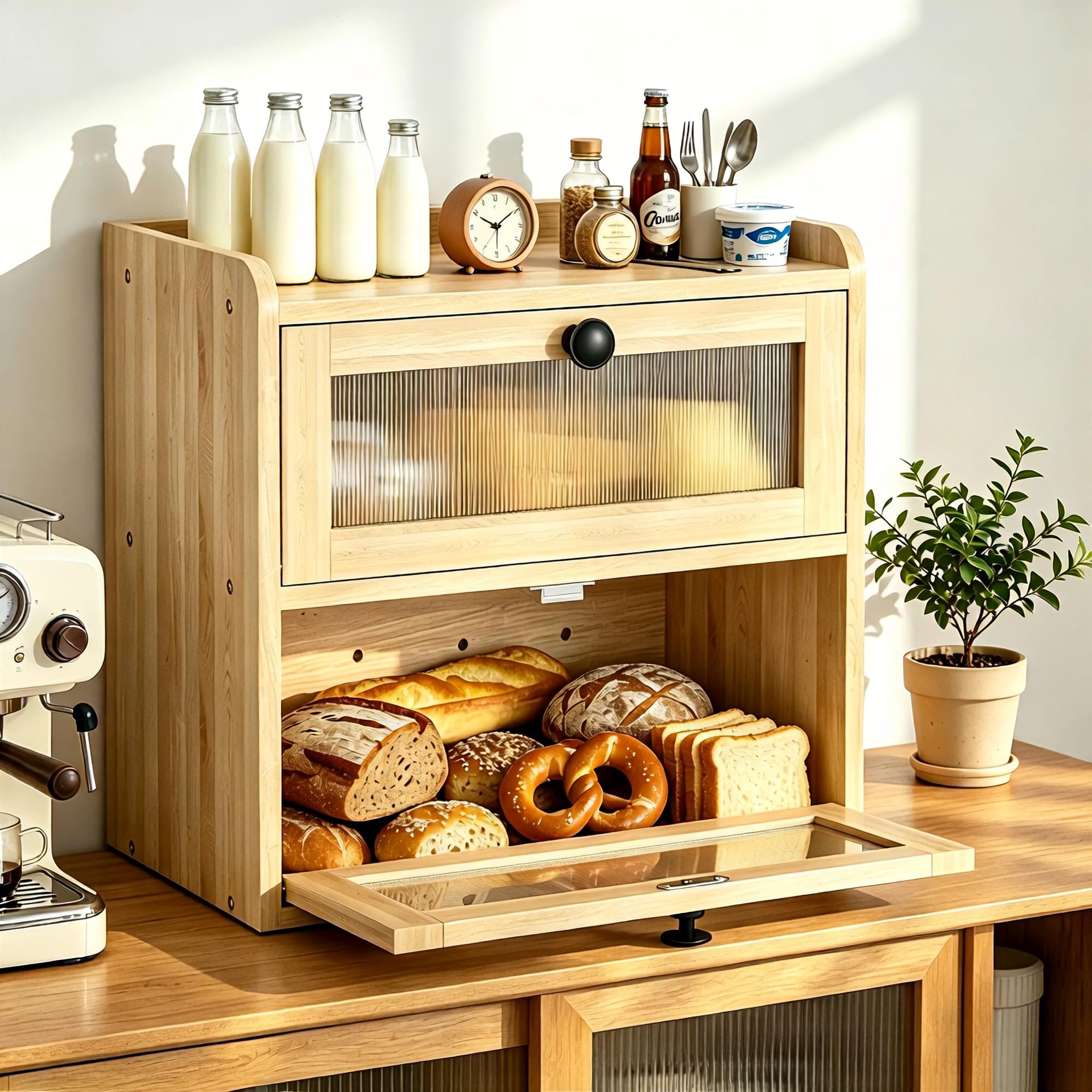 Panera de Madera, Caja Contenedor para Guardar el Pan de Doble Capa con Puerta de Acrílico, Organizador de Encimera para Cocina, Almacenamiento para Bocadillos y Frutas, 36.5x24x34 cm