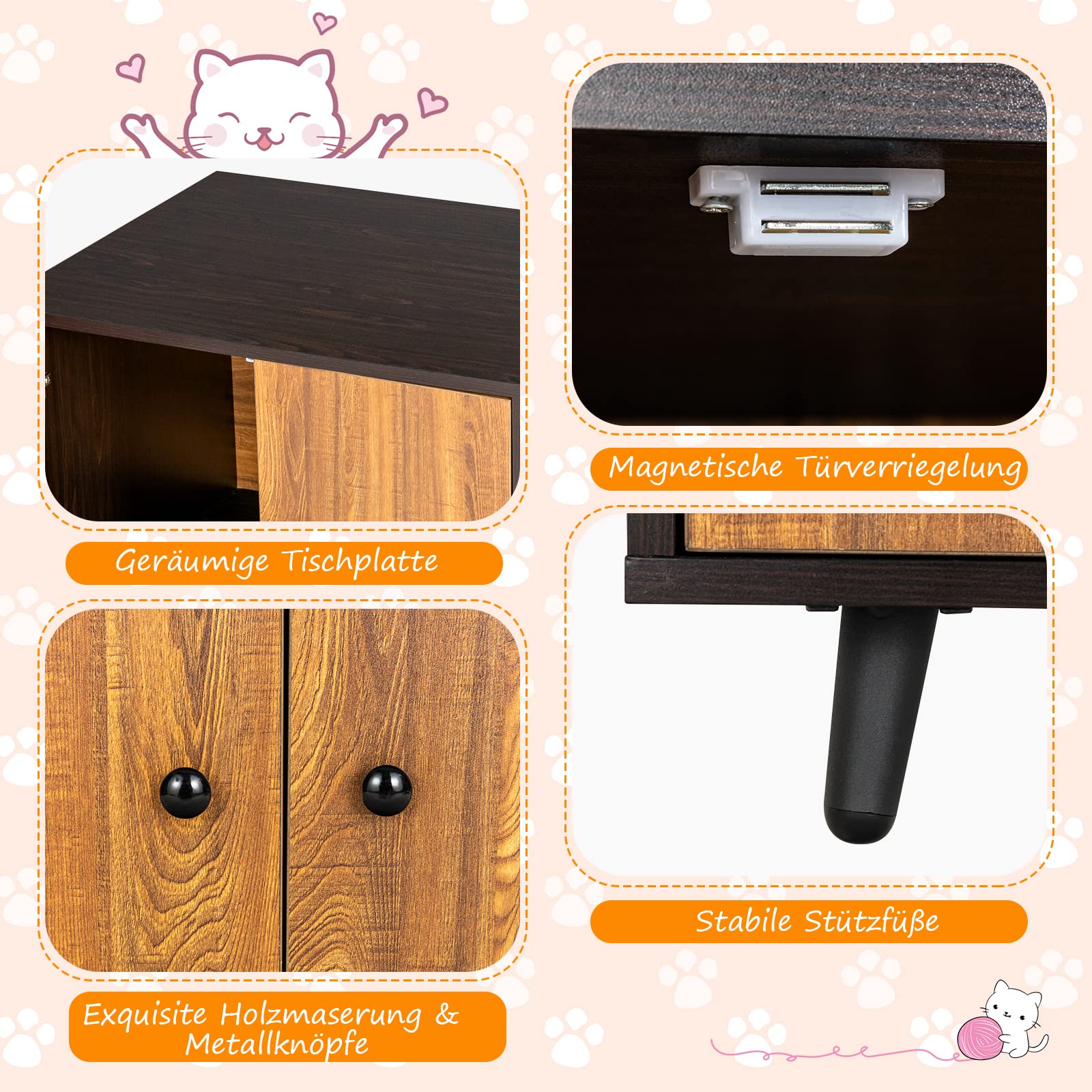 GYMAX 2 in 1 Katzenschrank für Katzentoilette, Katzenhaus mit 2 Türen & Katzenkratzbrett, Katzenklo Schrank, Beistelltisch 90 x 50 x 50 cm (Dunkelbraun)