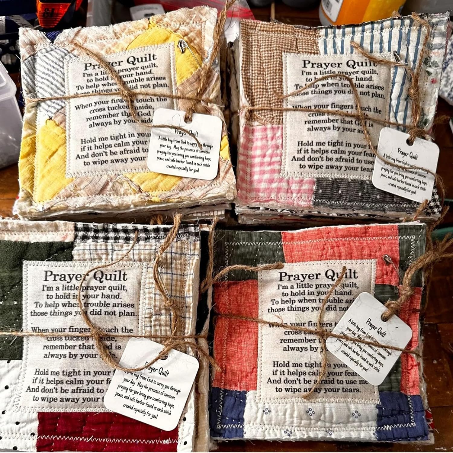 Vintage Prayer Quilt Squares, Handmade with Cross Inside, Symbolism Poems Quilts(A,8)