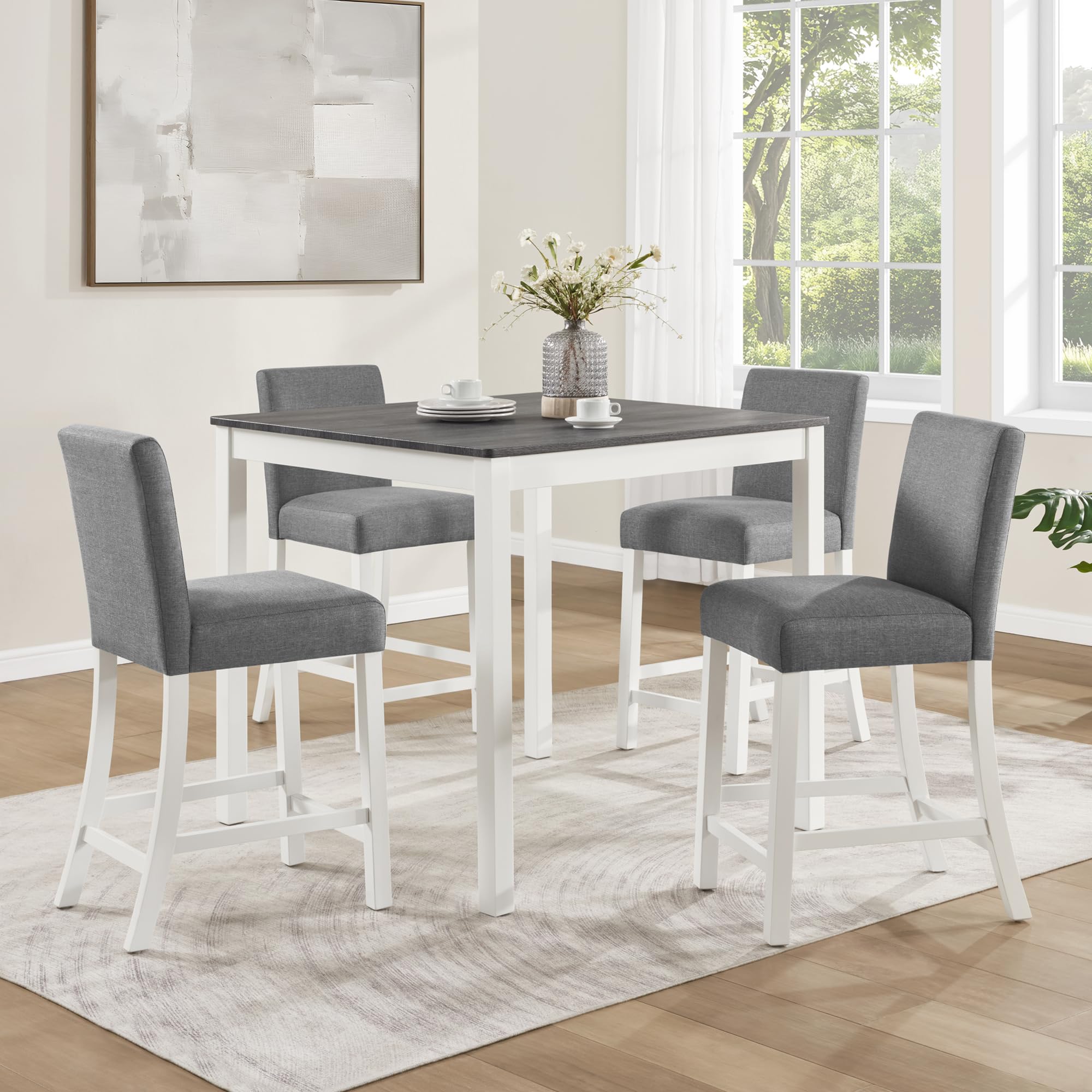 KEIKI 5-Piece Counter Height Dining Table Set with Square Table and 4 Upholstered Curved Backrset Chair, for 4 Person, Modern Wooden Table Set, Easy Assembly, for Kitchen, Dining Room, White+Gray