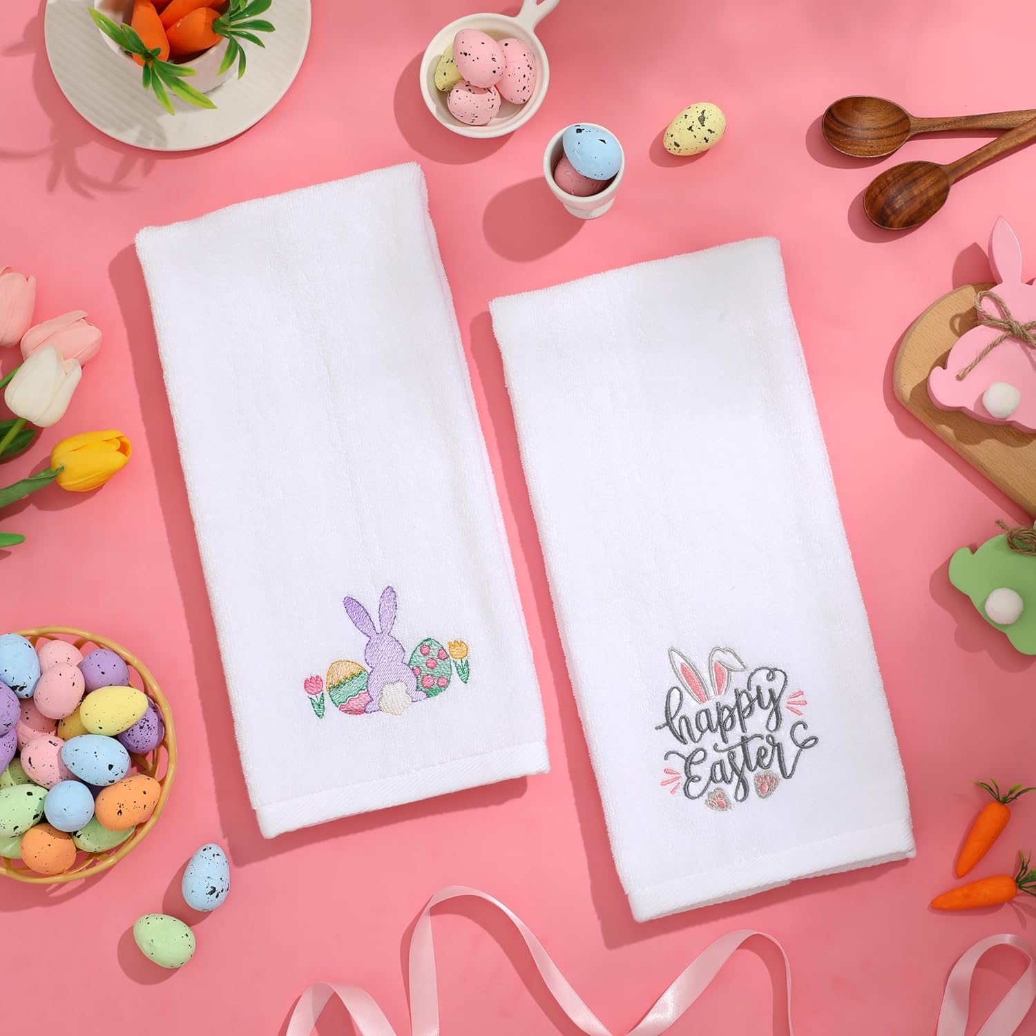 Easter Hand Towels 100% Cotton Embroidered Happy Easter Bunny Decorative Bathroom Kitchen Dish Towels Set Gift Set of 2 14x29 inch - Image 2