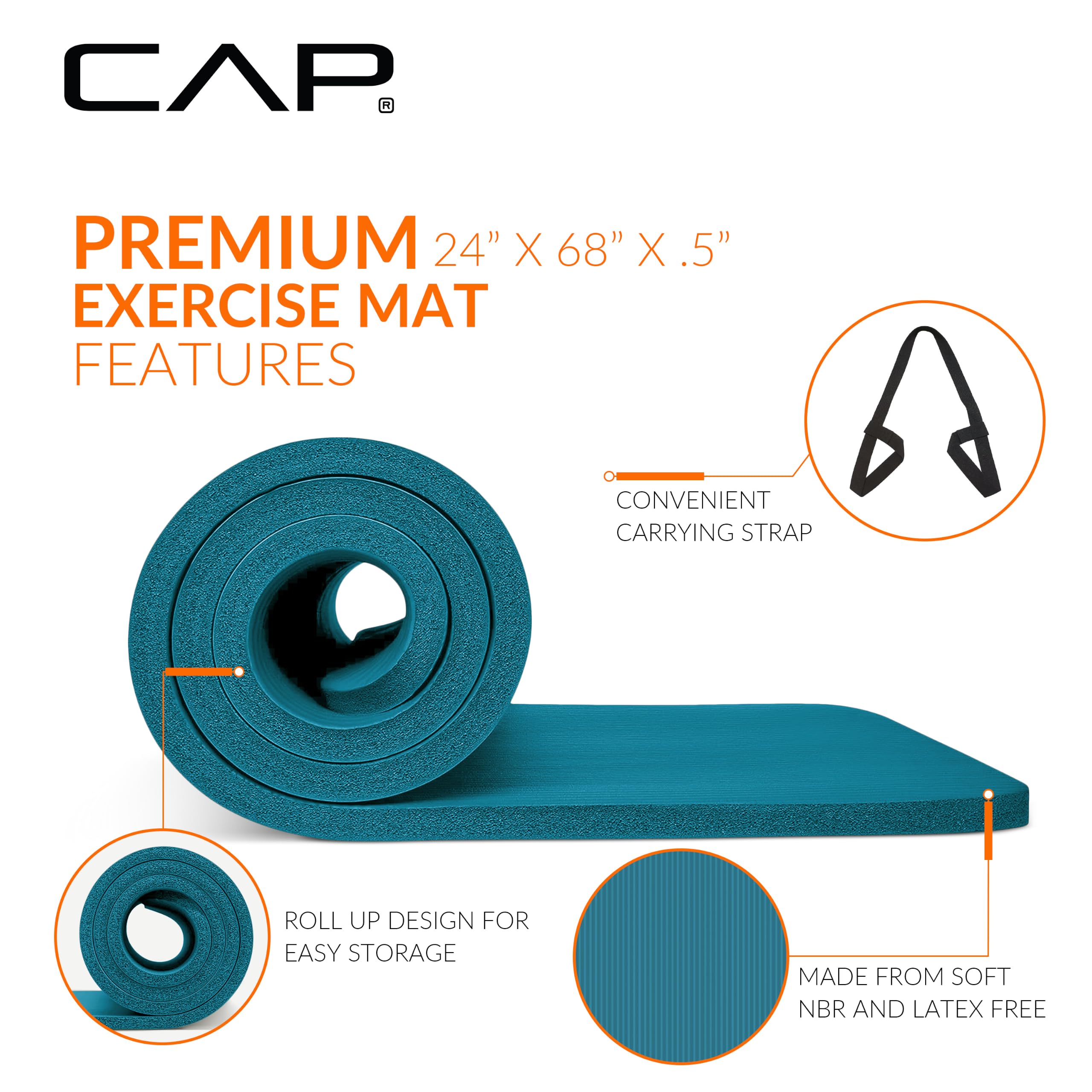 CAP 1/2" Thick Yoga Mat, Exercise & Workout Mat with Strap, Teal view 3