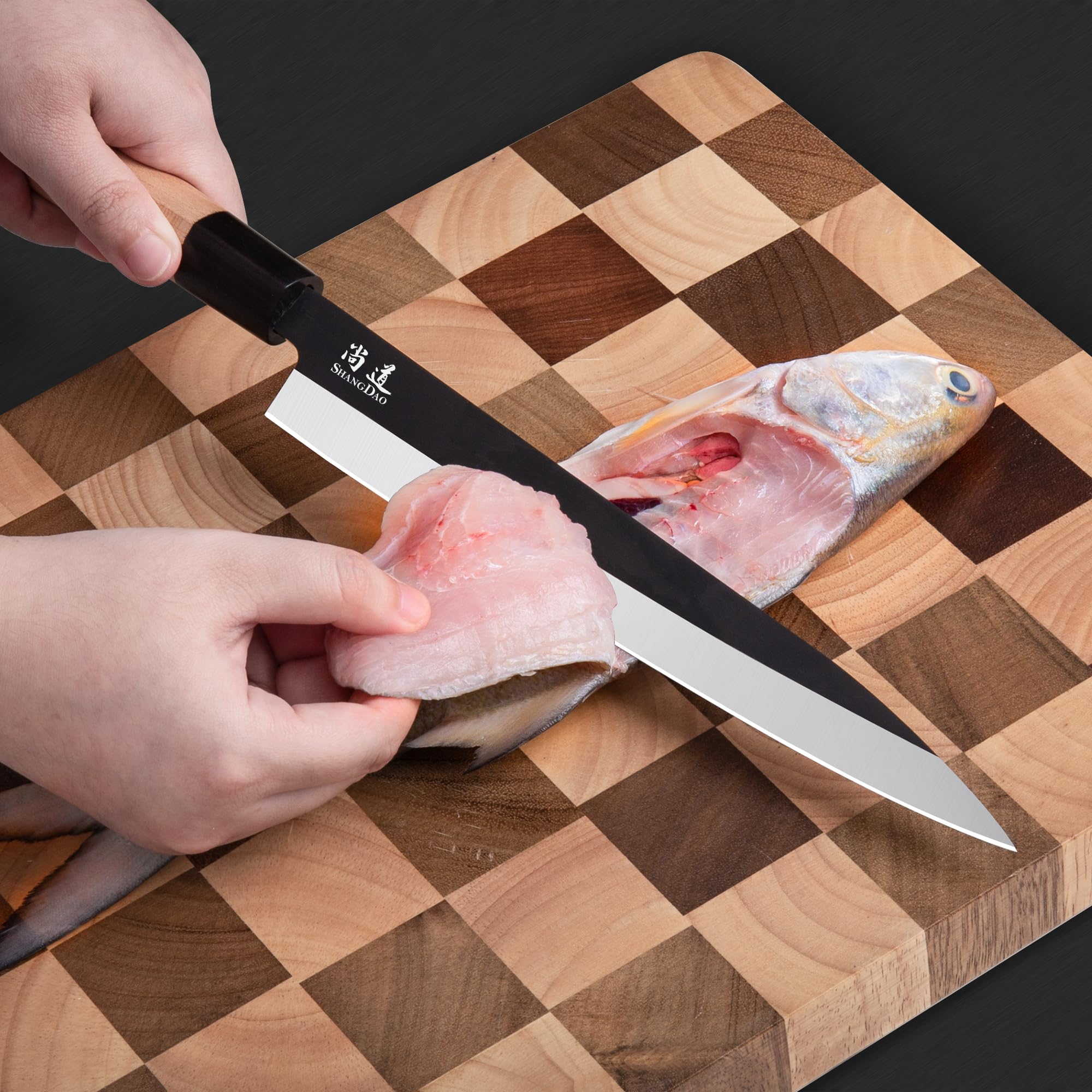 SHANGDAO Coltello Sashimi-Sushi, 25 cm, coltello da carne e coltello Yanagiba, filetto e taglio di pesce, acciaio tedesco e manico in legno tradizionale, confezione regalo