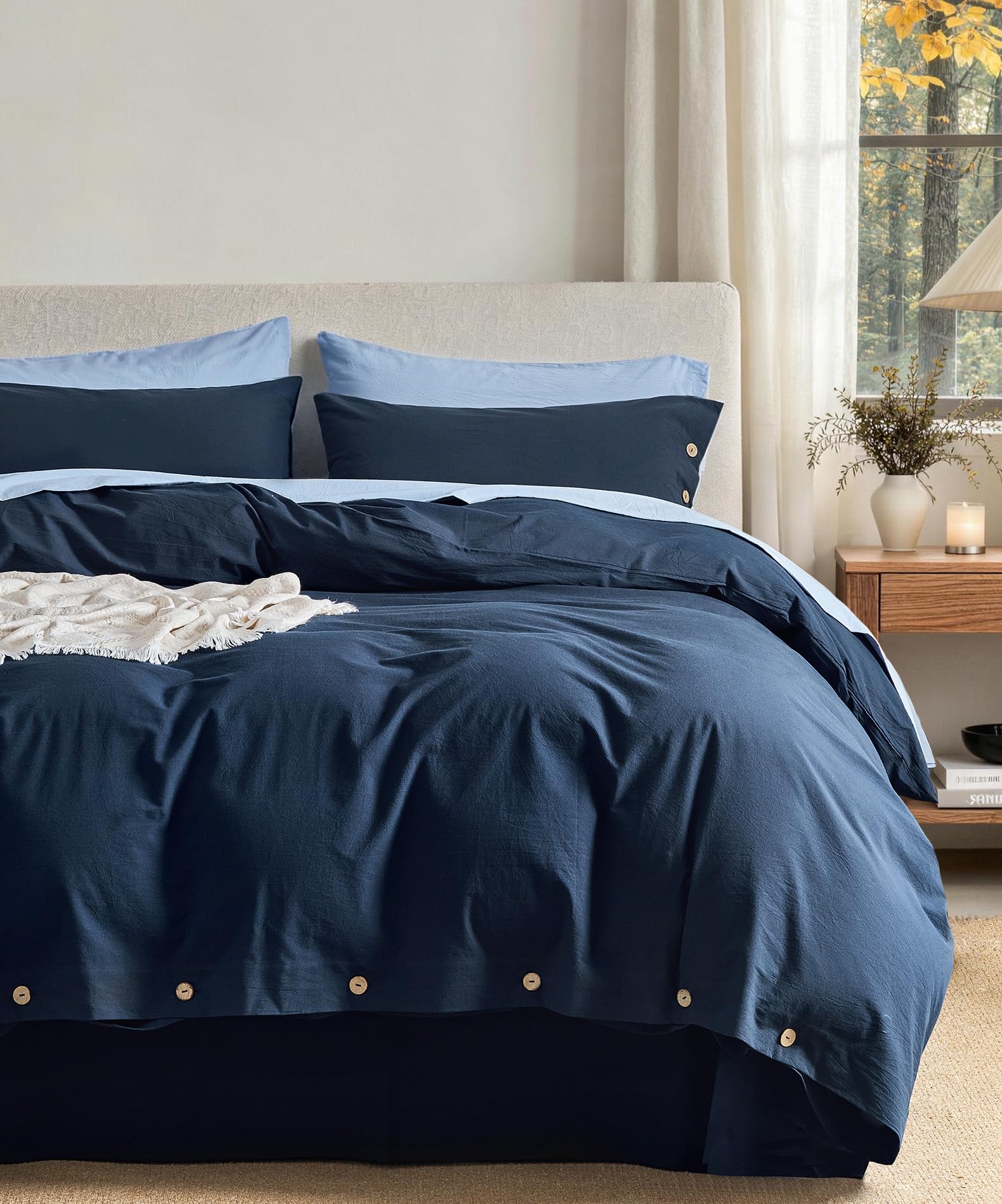 JELLYMONI 100% Washed Cotton Dark Slate Blue Duvet Cover King, Linen-Like