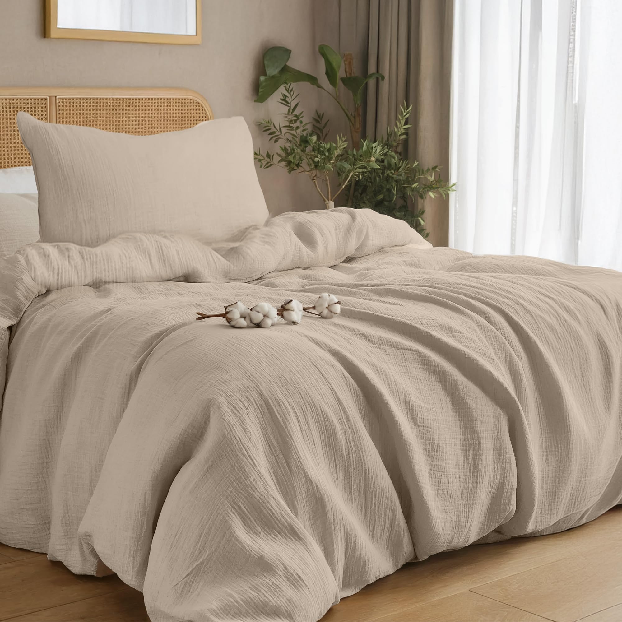 Dreamzie Musselin Bettwäsche 135x200 cm aus 100% Baumwolle – Bettwäsche Set mit 1 Bettbezug und 1 Kissenbezug 80x80 cm – Oeko-Tex Bettwäsche mit Reißverschluss – Taupe