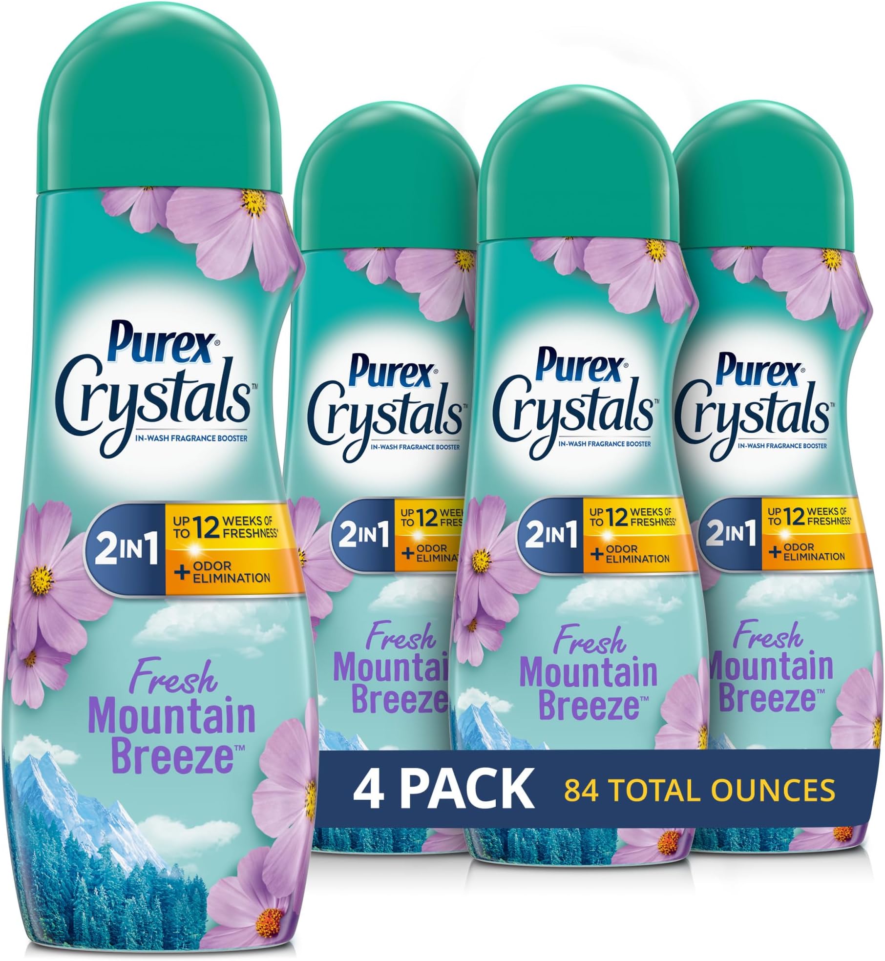 Purex Crystals In-Wash Scent Booster, Fresh Mountain Breeze, 21 oz (Pack of 4), Long-Lasting Freshness & Odor Elimination Technology