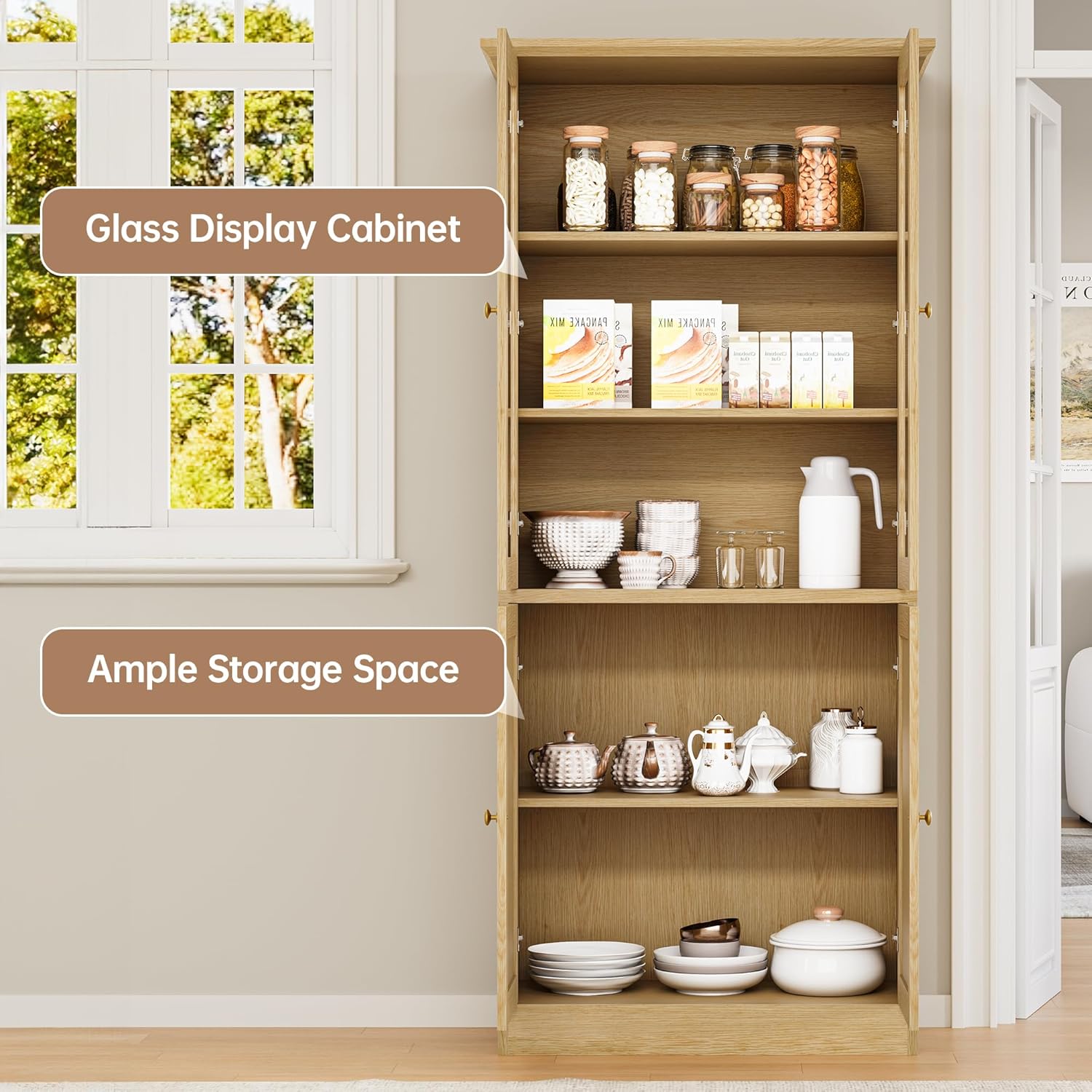 71" Kitchen Pantry Cabinet with Glass Doors, Modern Coffee Bar Storage Cabinet with Adjustable Shelves & Wooden Doors, Freestanding Cupboard for Dining Room or Living Room, Natural Wood