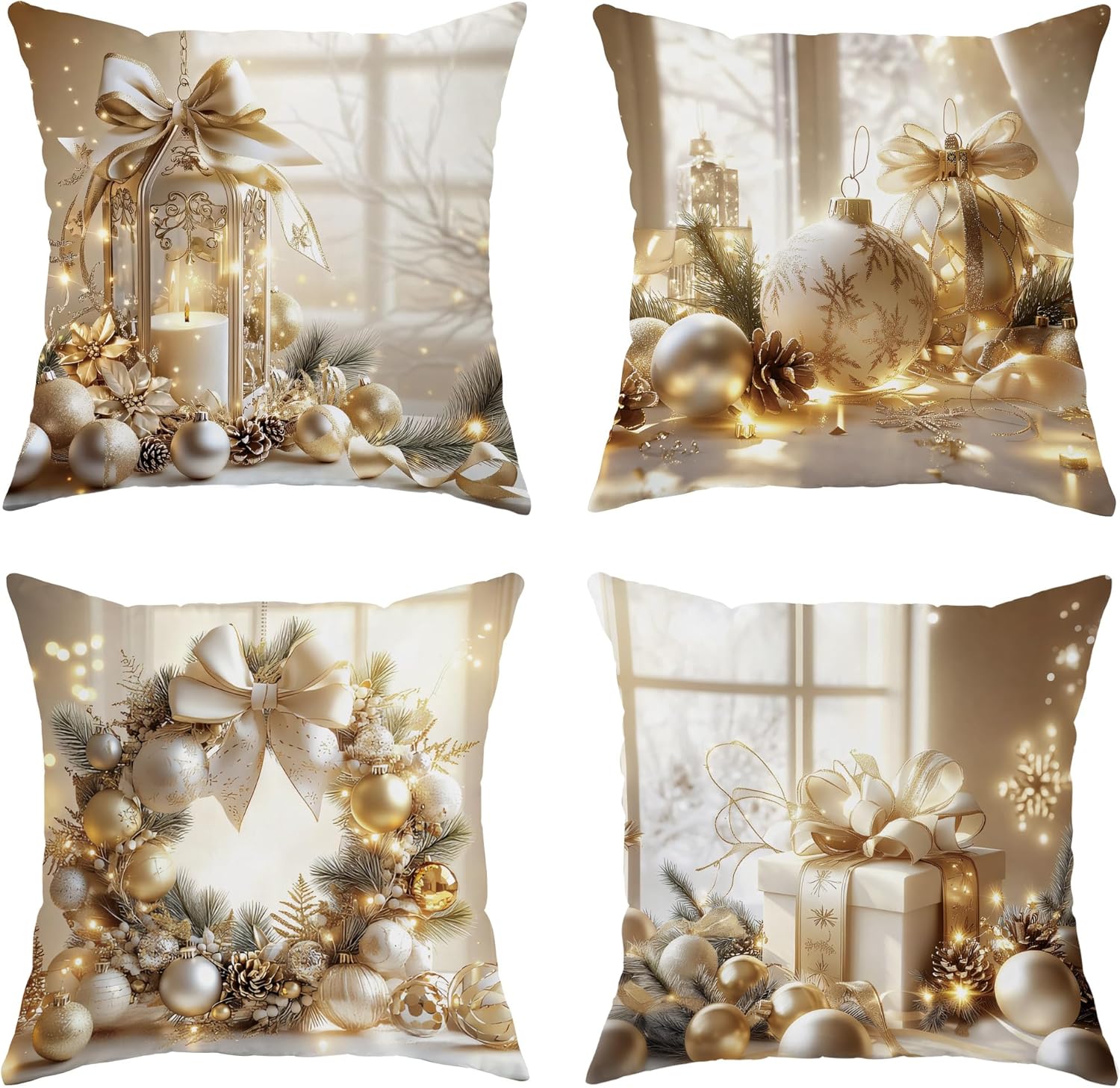 Winter Christmas Pillow Covers Set of 4, Elegant Luxury White Gold Balls Ornament Wreath Throw Pillows Case, Cozy Gift Box Festive Decorative Square Home Sofa Bed Couch Accents Covers 20x20 Inch