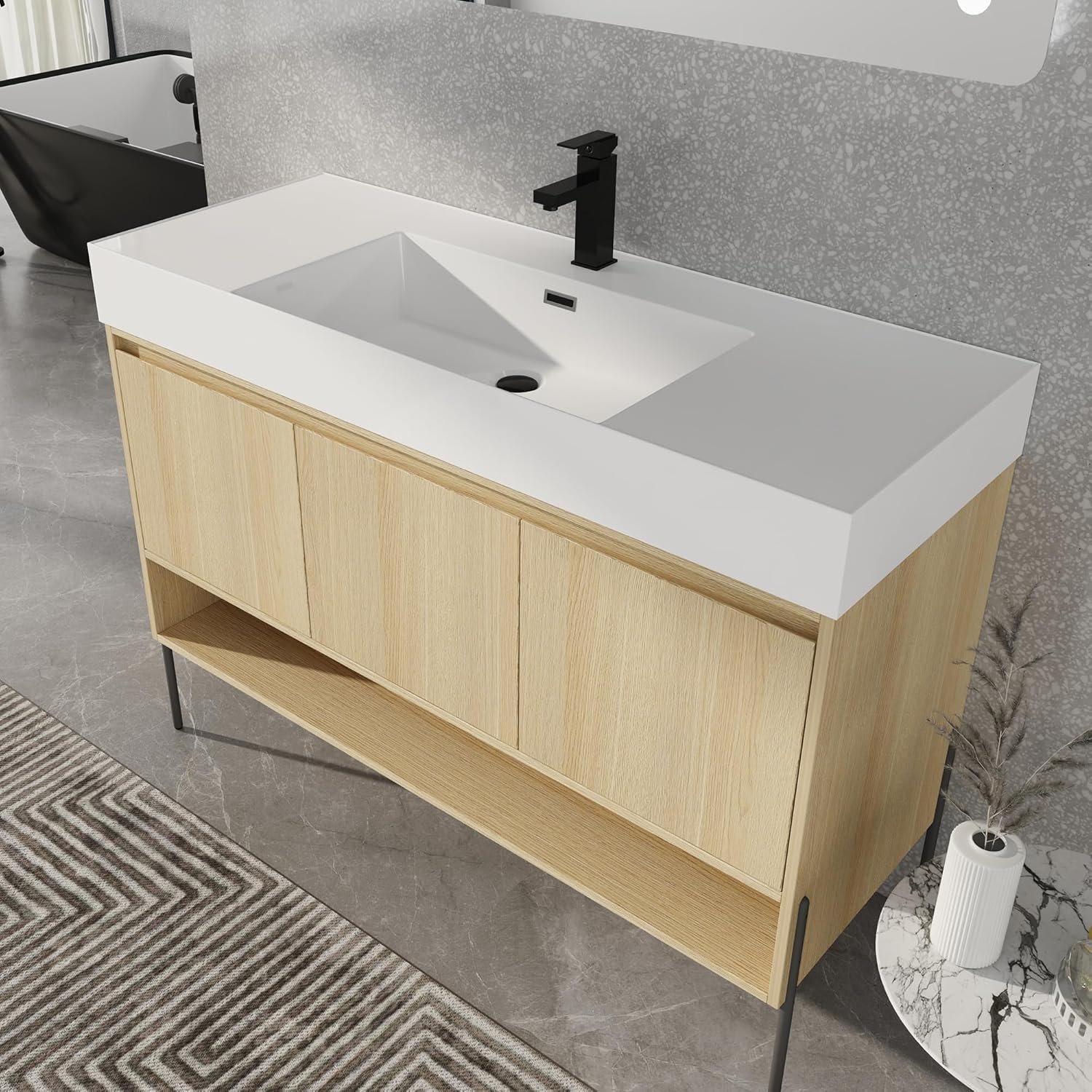 48 Inch Bathroom Vanity with Sink, Freestanding Bathroom Sink Cabinet, Undermount Ceramic Single Sink Bathroom Vanity, Multilayer Solid Wood, Metal Legs with Plastic Foot Pads, Soft Closed Door (Oak)
