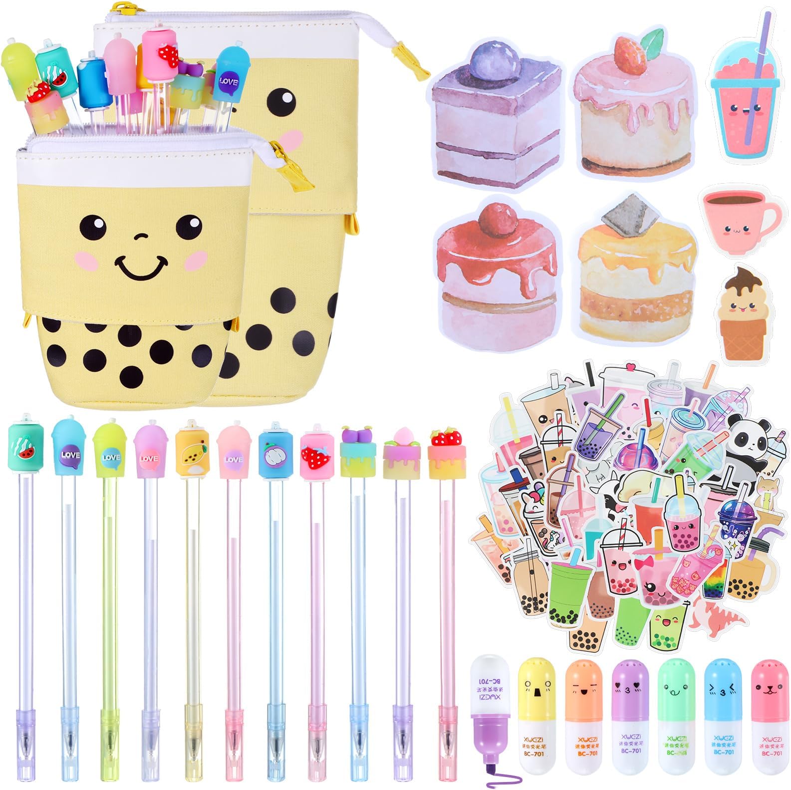 Sabary 228 Pcs Kawaii Stationary Set Include Telescopic Pencil Pouch Case Bag Gel Ink Pen Sticky Note Bubble Tea Sticker Pill Highlighter Stationary Cute School Supplies for Christmas(Bright)