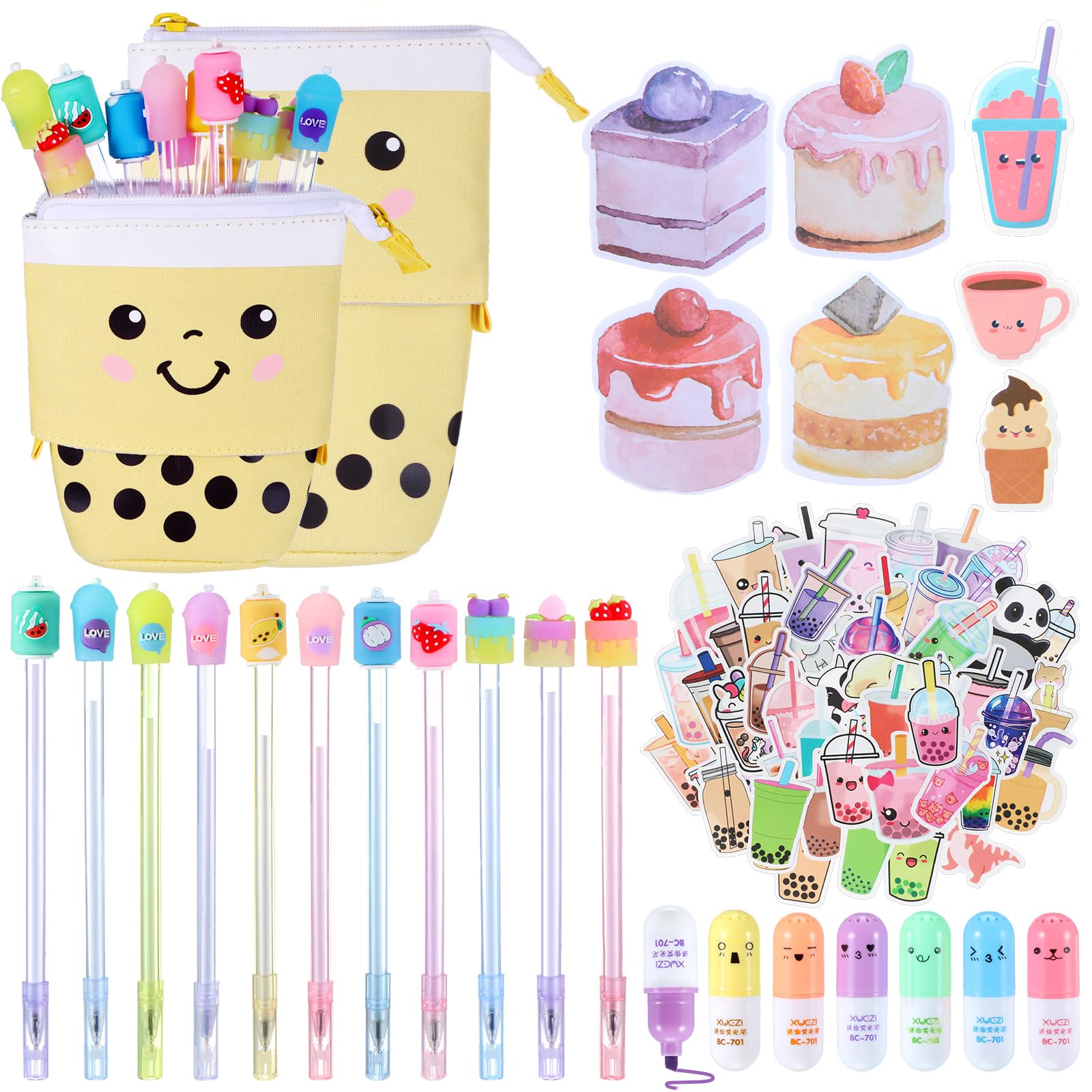  Sabary 383 Pcs Cute Stationary Set Include Telescopic Boba  Pencil Pouch Case Bag Gel Ink Pen Sticky Note Bubble Tea Sticker  Highlighter Stationary Cute School Supplies for Christmas Gift Kids 