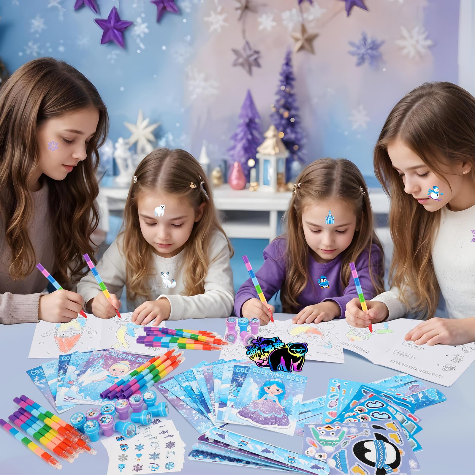 BenLouis 96pcs Frozen Bomboniere Set per Bambini Inverno Fiocco di Neve Libro da Colorare Natale Scuola Aula Regalo Ricompensa Premio Artigianato Bulk per Studenti Congelato Compleanno Goodie Bag