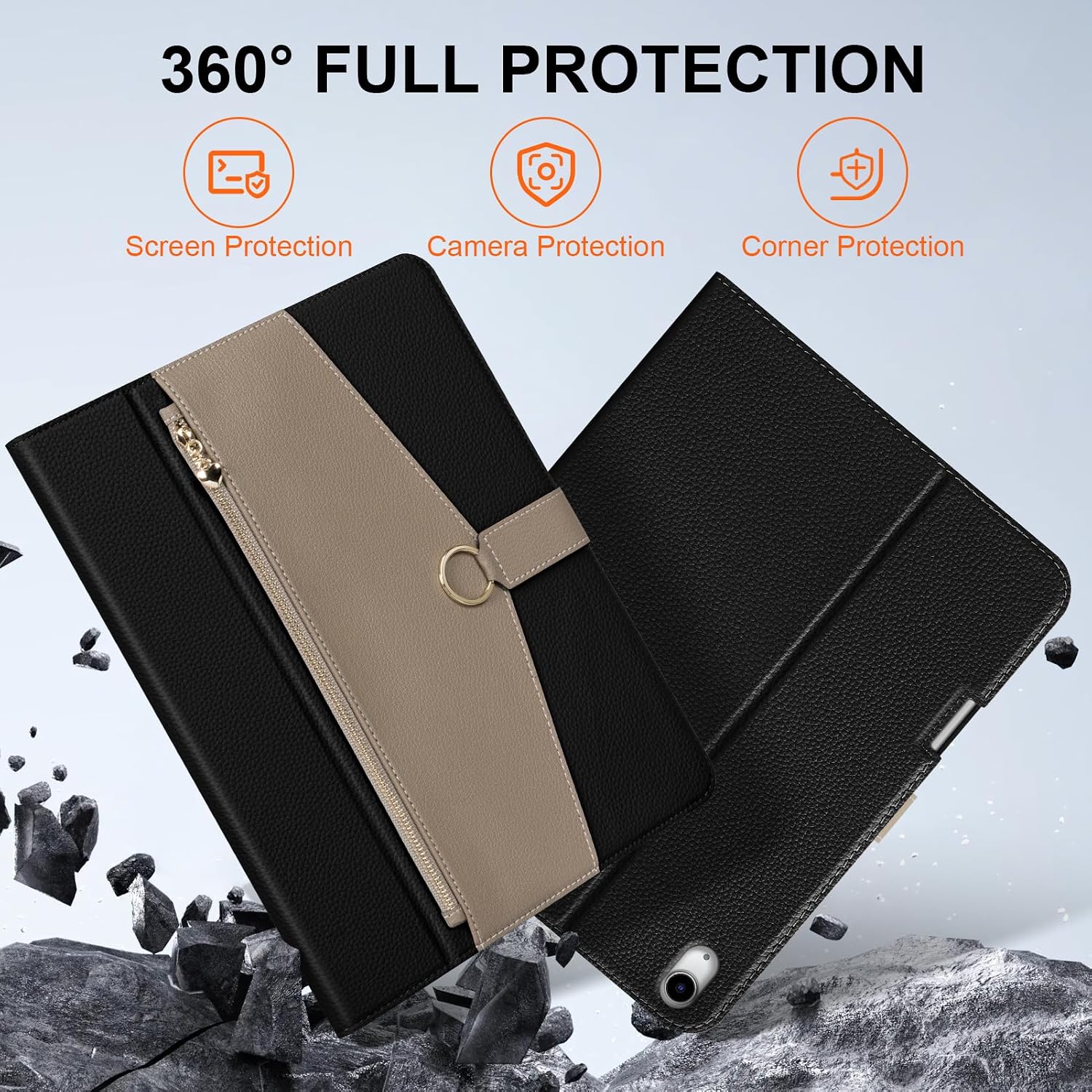 Premium Microfiber Leather Case for iPad Air 13" (2024/2025/2026 M2/M3/M4) with Zippered Pocket, Buckle Closure, Pencil Holder, Auto Wake/Sleep, Multi-Angle Stand, Black & Grey Two-Tone