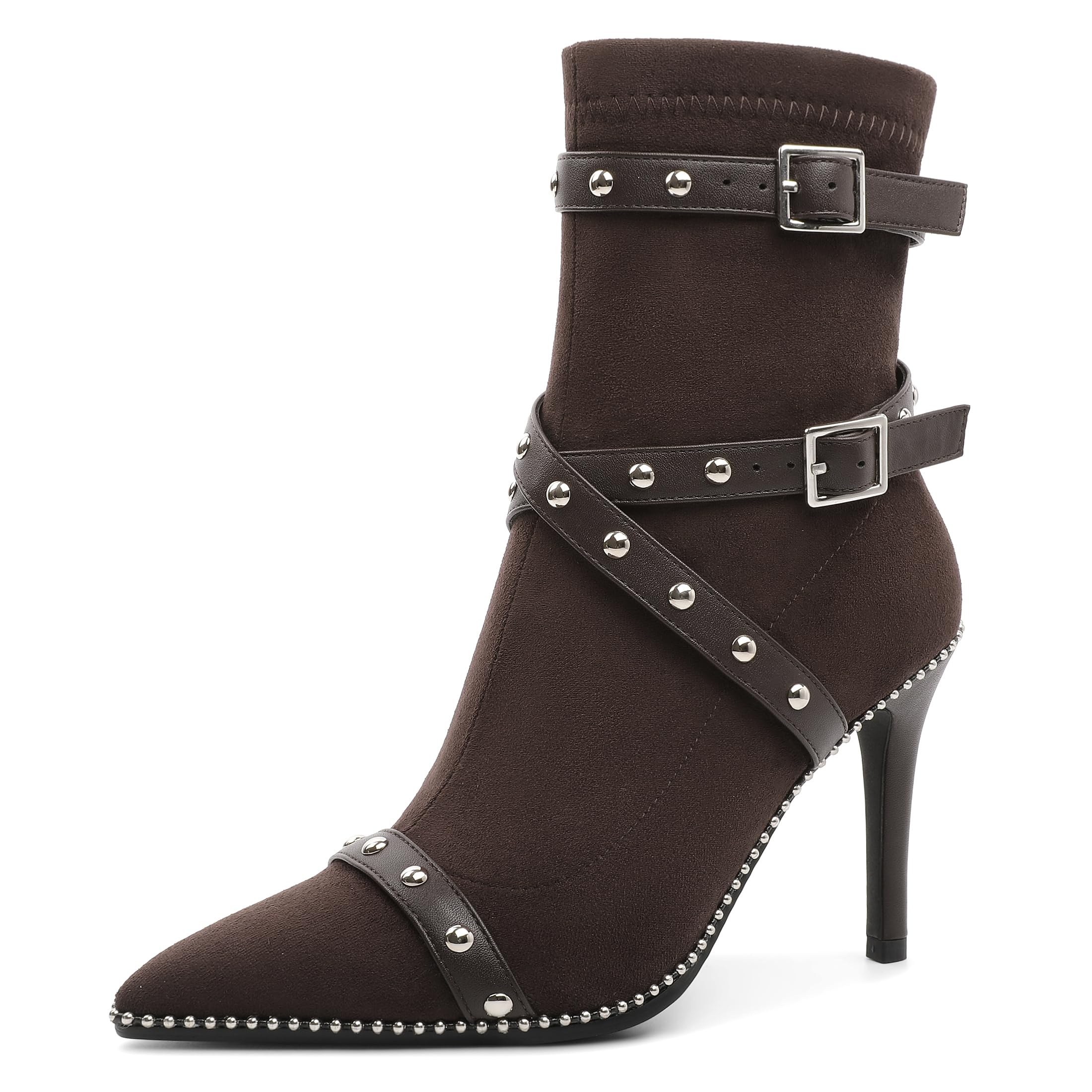 Joseywade Womens Ankle Booties 3 5 Inch Heel Stiletto Boots Beaded Studded Pointed Toe Side Zipper Suede Size