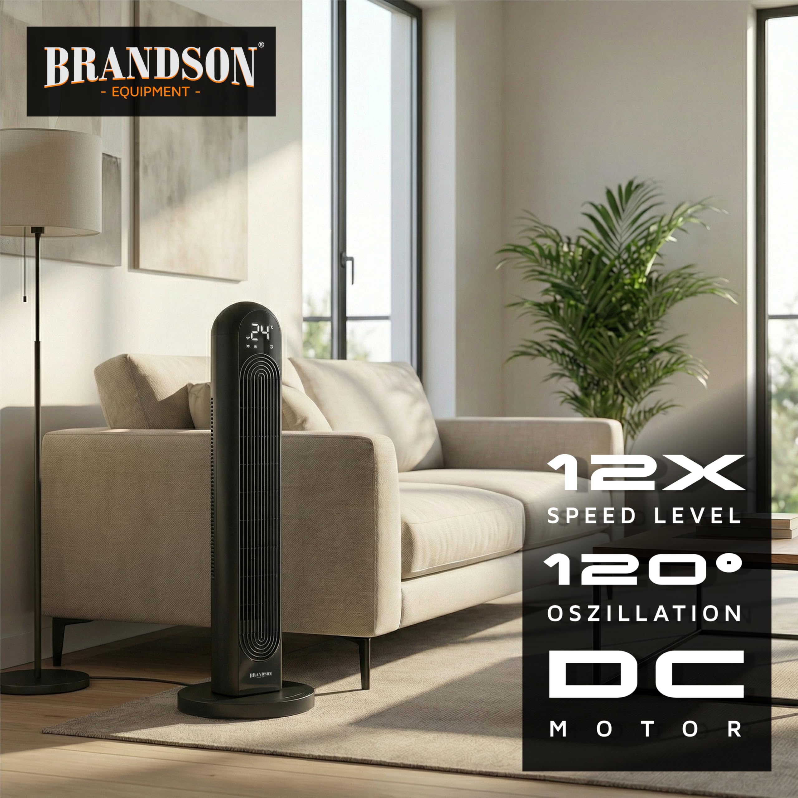 Brandson - DC Turmventilator Eco Design – sehr leise - mit DC Motor – Sieger Ventilatoren und Luftkühler 2026-12 Geschwindigkeiten – 4 Modi normal Natur Schlaf Auto – Oszillation – Fernbedienung
