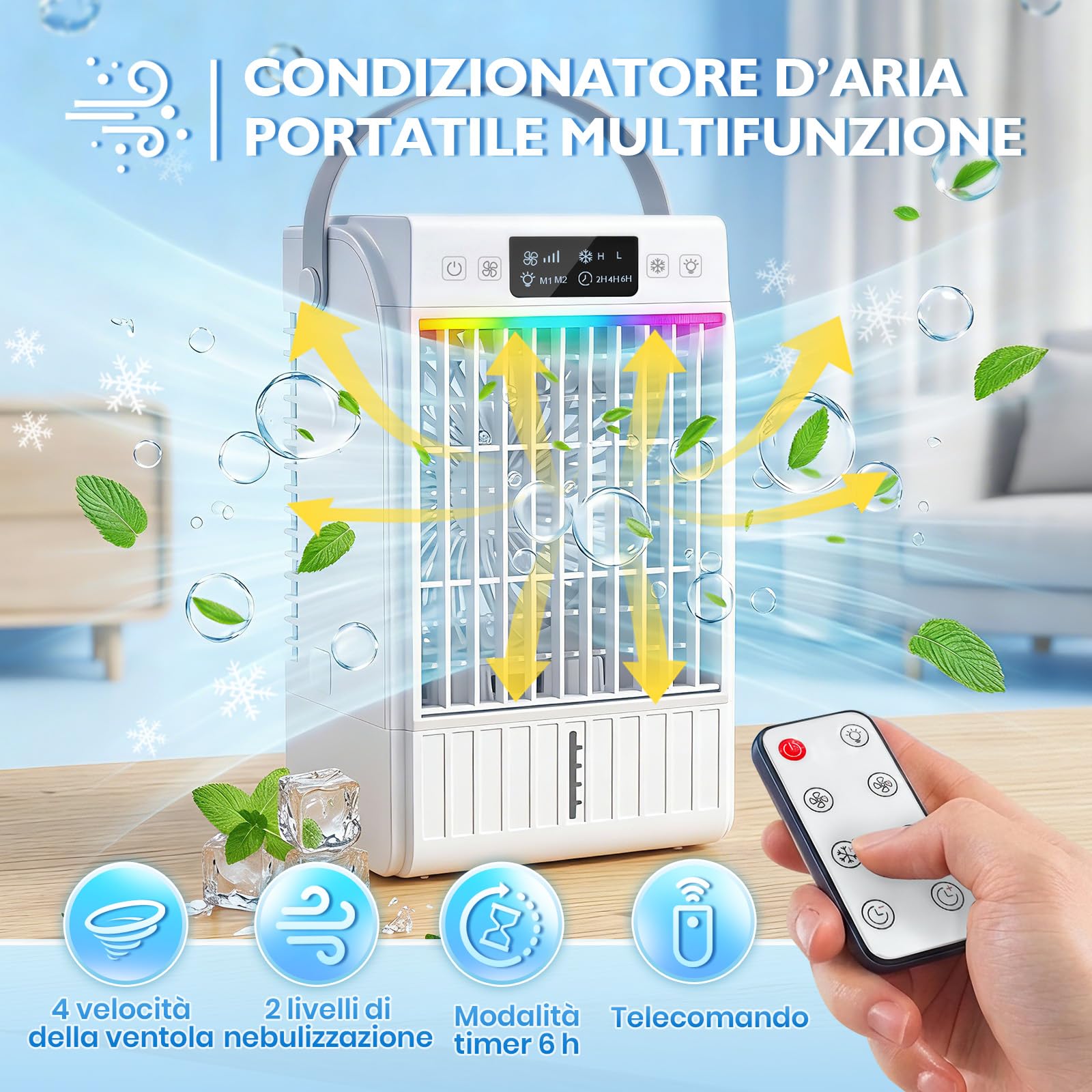 JONRRYIN Condizionatore Portatile Piccolo, Mini Climatizzatore 4 in 1 con 1500ML Serbatoio dell'acqua e 2 Modalità Nebbia Fredda, 4 Velocità, Timer, Luce Notturna a 7 colori, USB per Casa/Ufficio