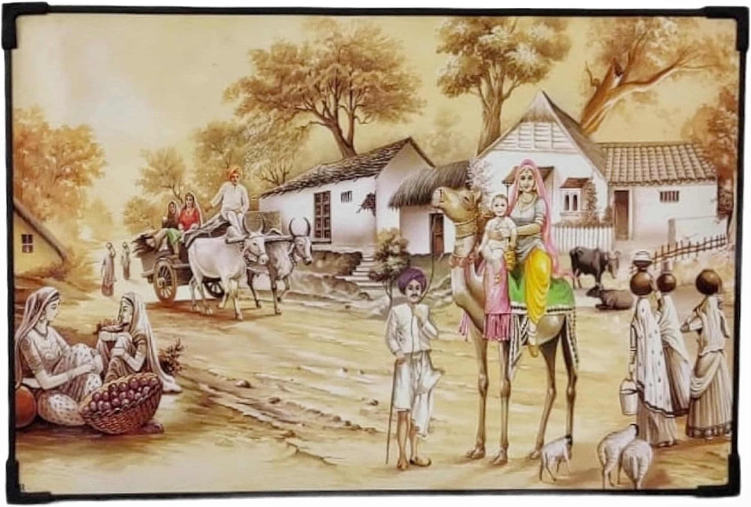 Vastu Village Scene Wooden Board Painting Wall Painting for Living Room, Bedroom, Office, Hotels, Drawing Room (12x 18 inches)