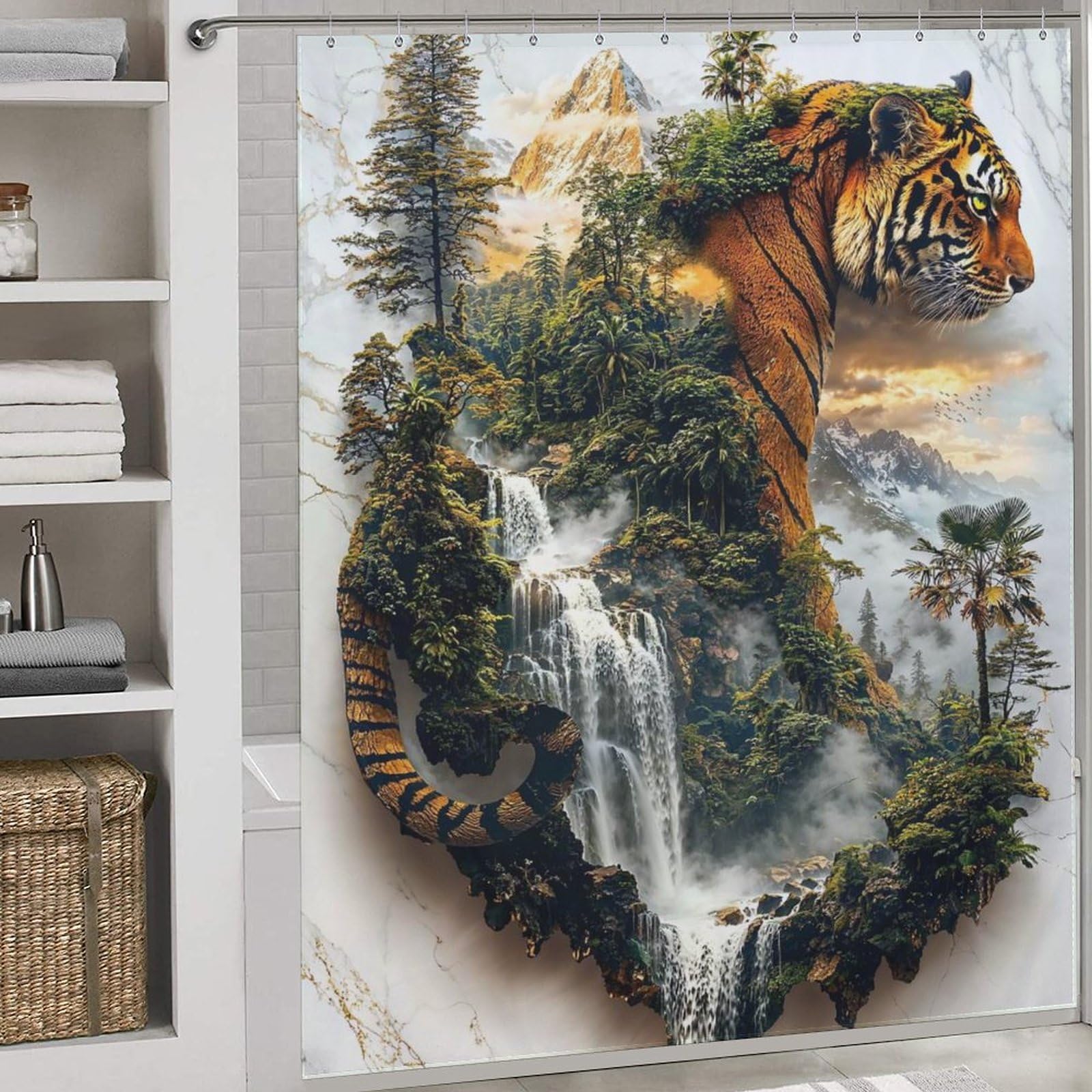 Rideau de douche Toile de Jouy haut de gamme en tissu imperméable de 177x180 cm