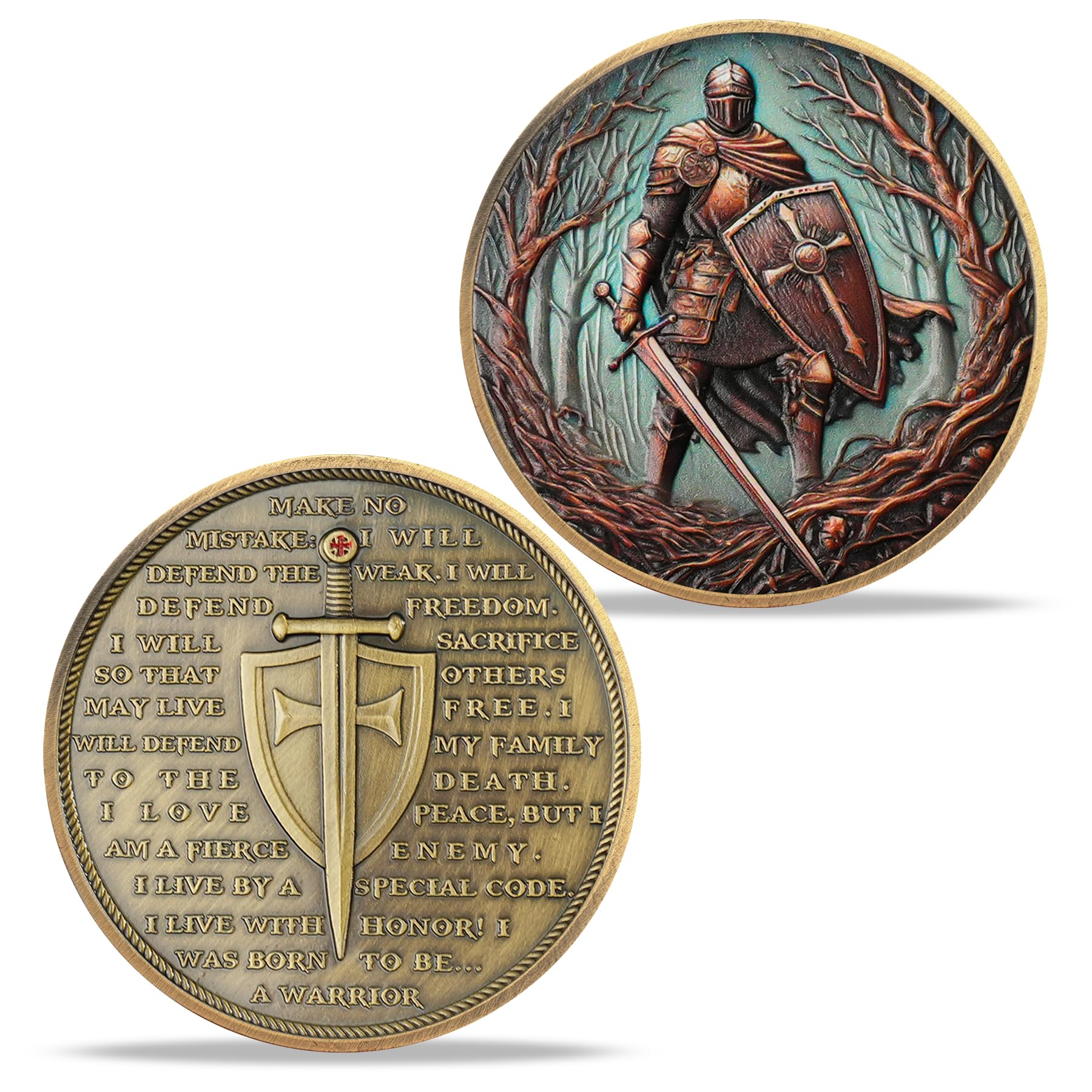 Moneda de desafío de cruz de caballero del bosque marchito | Valor caballeresco y medallón de escudo sagrado | Ficha histórica del caballero del bosque marchito | Regalos conmemorativos para
