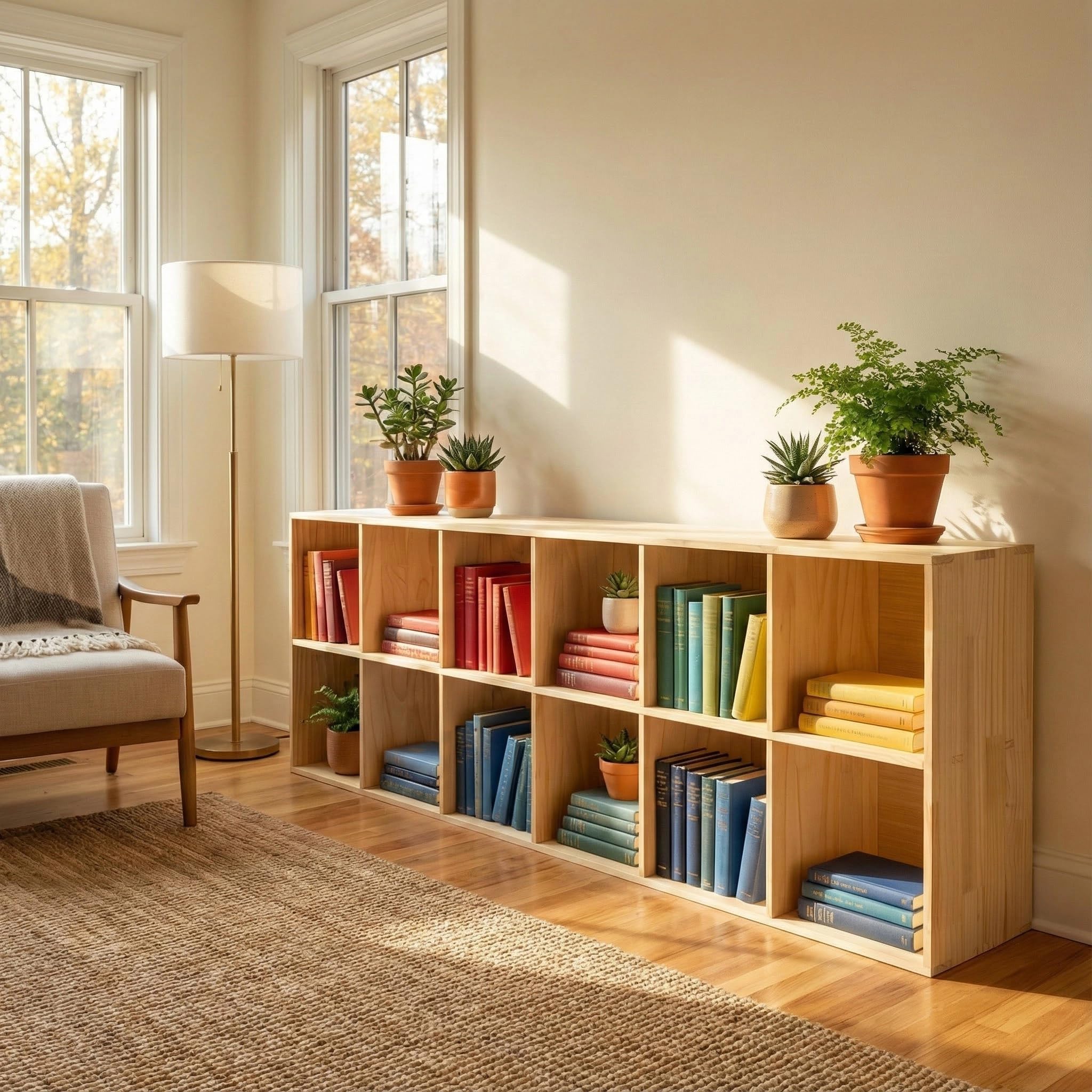 Gdrasuya10 Book Shelf, 12 Cubes Storage Organizer, 6/2 Tier 70" Long Cube Low Bookcase Freestanding Book Storage Display Organizer, Open Shelf Bookshelf for Home Office, Wood Color