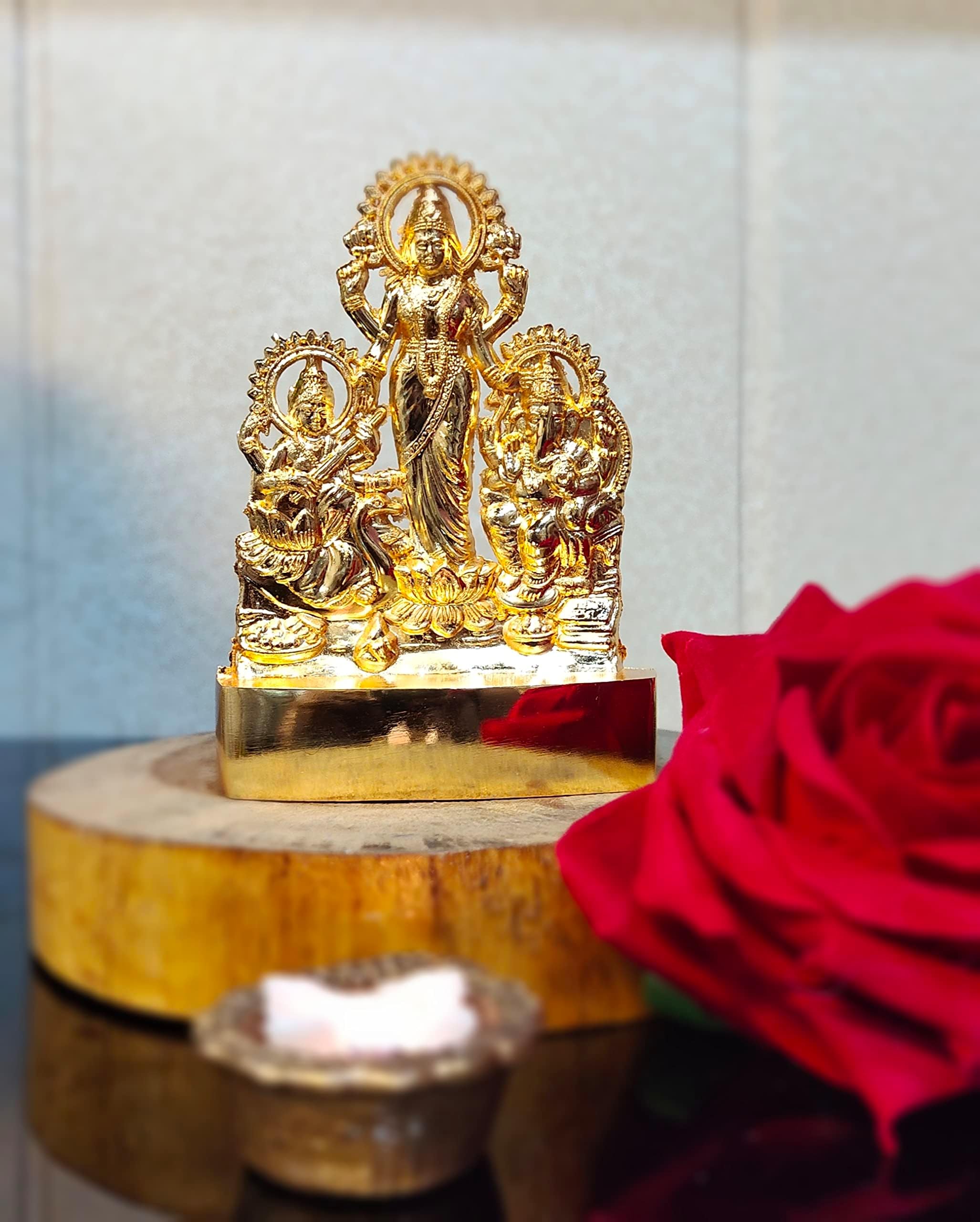 Blissful Decor Amishi Handicraft Metal Luxmi- Ganesha Saraswati Pujan Set Auspicious Indian Art Statues Idol for Car Dashboard Pooja Murti Temple Puja Home Decor Office Showpiece (Gold- Finish)