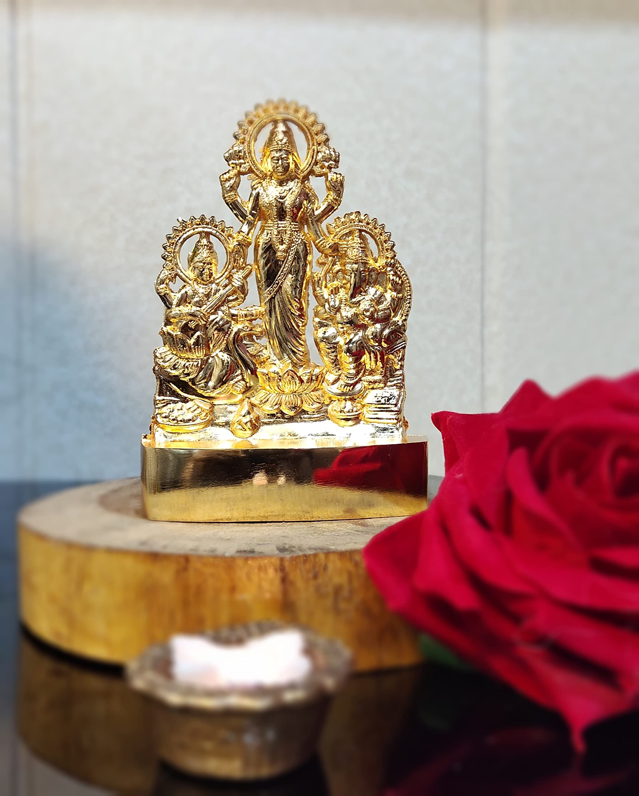 Blissful Decor Amishi Handicraft Metal Luxmi- Ganesha Saraswati Pujan Set Auspicious Indian Art Statues Idol for Car Dashboard Pooja Murti Temple Puja Home Decor Office Showpiece (Gold- Finish)