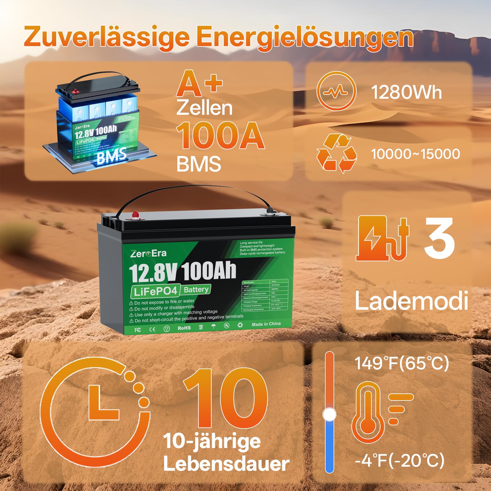 LiFePO4 Batterie 12V 100Ah,1280Wh Lithium Batterie mit Tieftemperatur Schutz 100A BMS,10000–15000 Ladezyklen,Unterstützt Reihen/Parallelschaltung für Haushalt,Boote,Wohnmobile(1 * 12V 100AH)